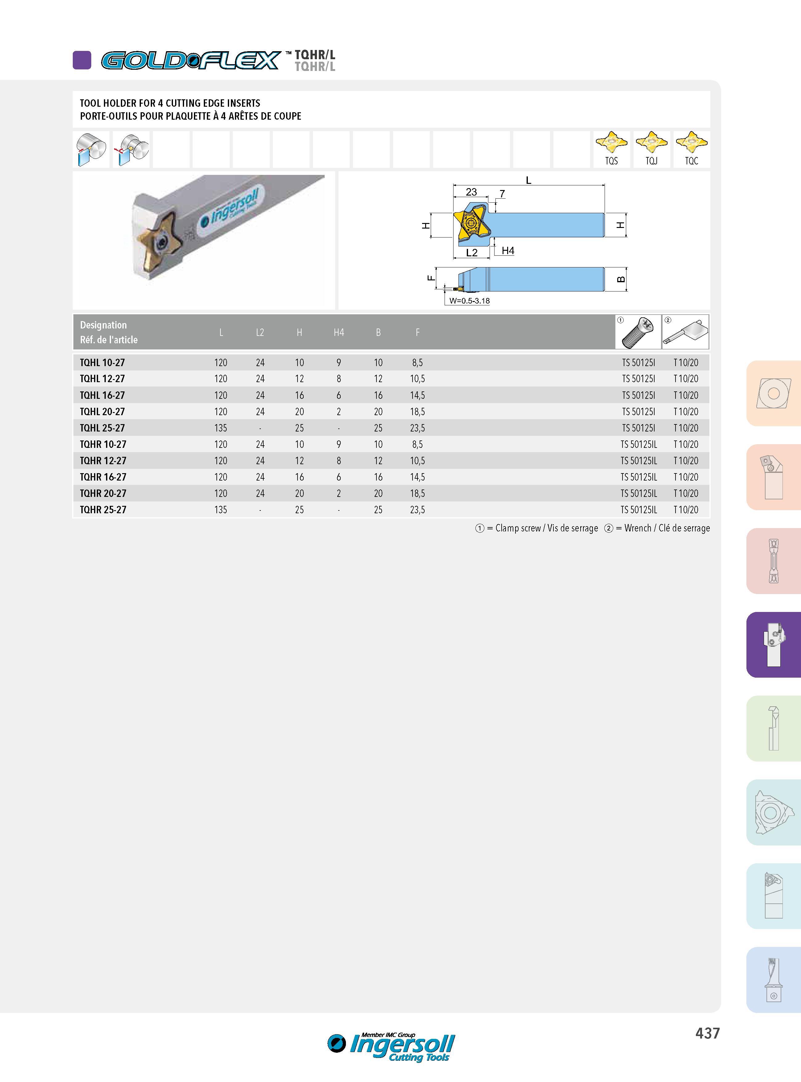 437 TQHR/L TQHR/L TOOL HOLDER FOR 4 CUTTING EDGE INSERTS PORTE-OUTILS POUR PLAQUETTE À 4 ARÊTES DE COUPE TQS TQJ TQC L -J r m W= 0 5-3 18 Designation Réf de Каталог INGERSOLL 2015 Металлорежущий токарный инструмент Резцы Державки Сменные режущие многогранные пластины для точения на станках Стр. 437 ENG FRA