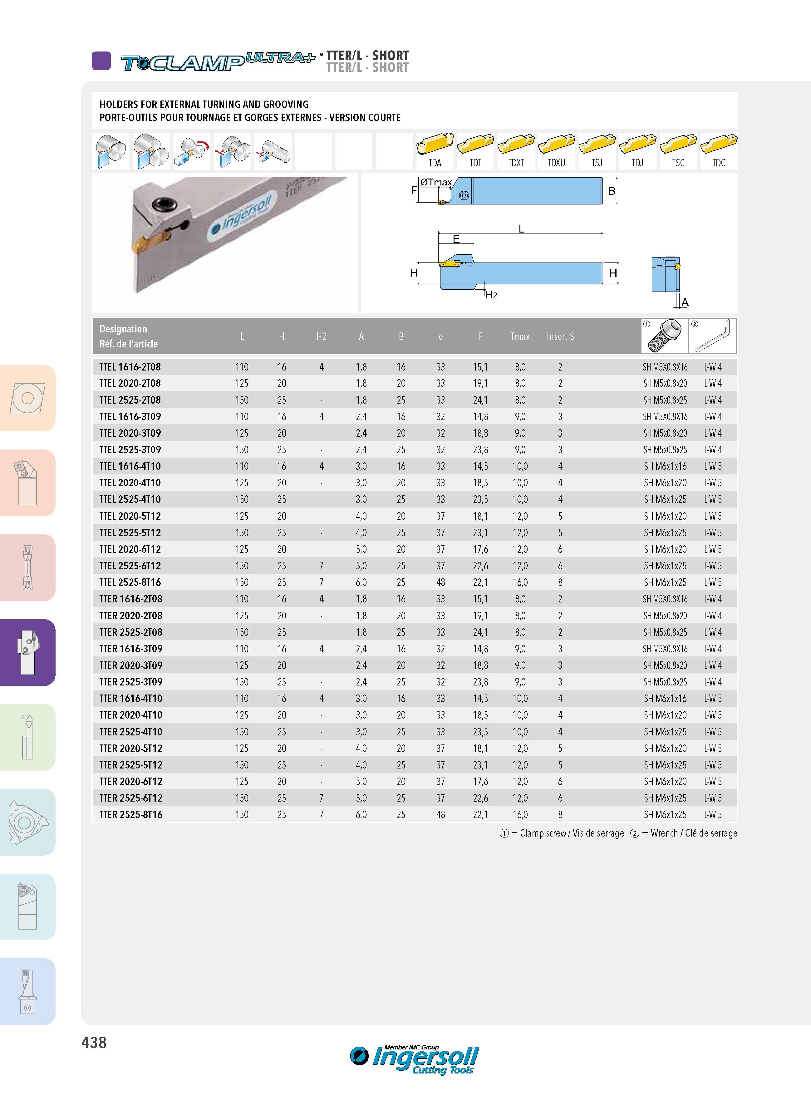 438 f b TTER/L - SHORT TTER/L - SHORT HOLDERS FOR EXTERNAL TURNING AND GROOVING PORTE-OUTILS POUR TOURNAGE ET GORGES EXTERNES - VERSION COURTE TDA TDT TDXT Каталог INGERSOLL 2015 Металлорежущий токарный инструмент Резцы Державки Сменные режущие многогранные пластины для точения на станках Стр. 438 ENG FRA