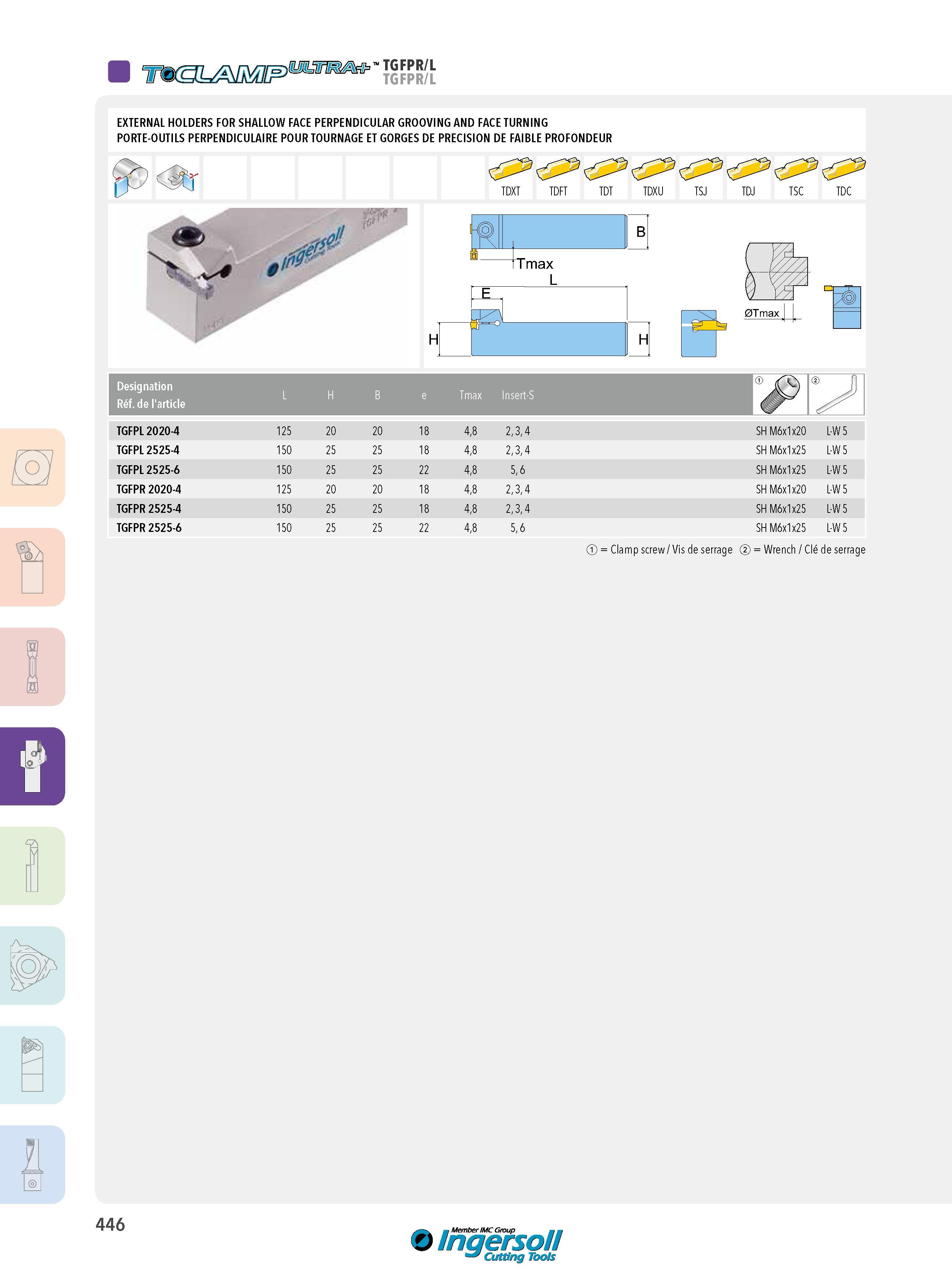 446 TGFPR/L TGFPR/L EXTERNAL HOLDERS FOR SHALLOW FACE PERPENDICULAR GROOVING AND FACE TURNING PORTE-OUTILS PERPENDICULAIRE POUR TOURNAGE ET GORGES DE PRECIS Каталог INGERSOLL 2015 Металлорежущий токарный инструмент Резцы Державки Сменные режущие многогранные пластины для точения на станках Стр. 446 ENG FRA
