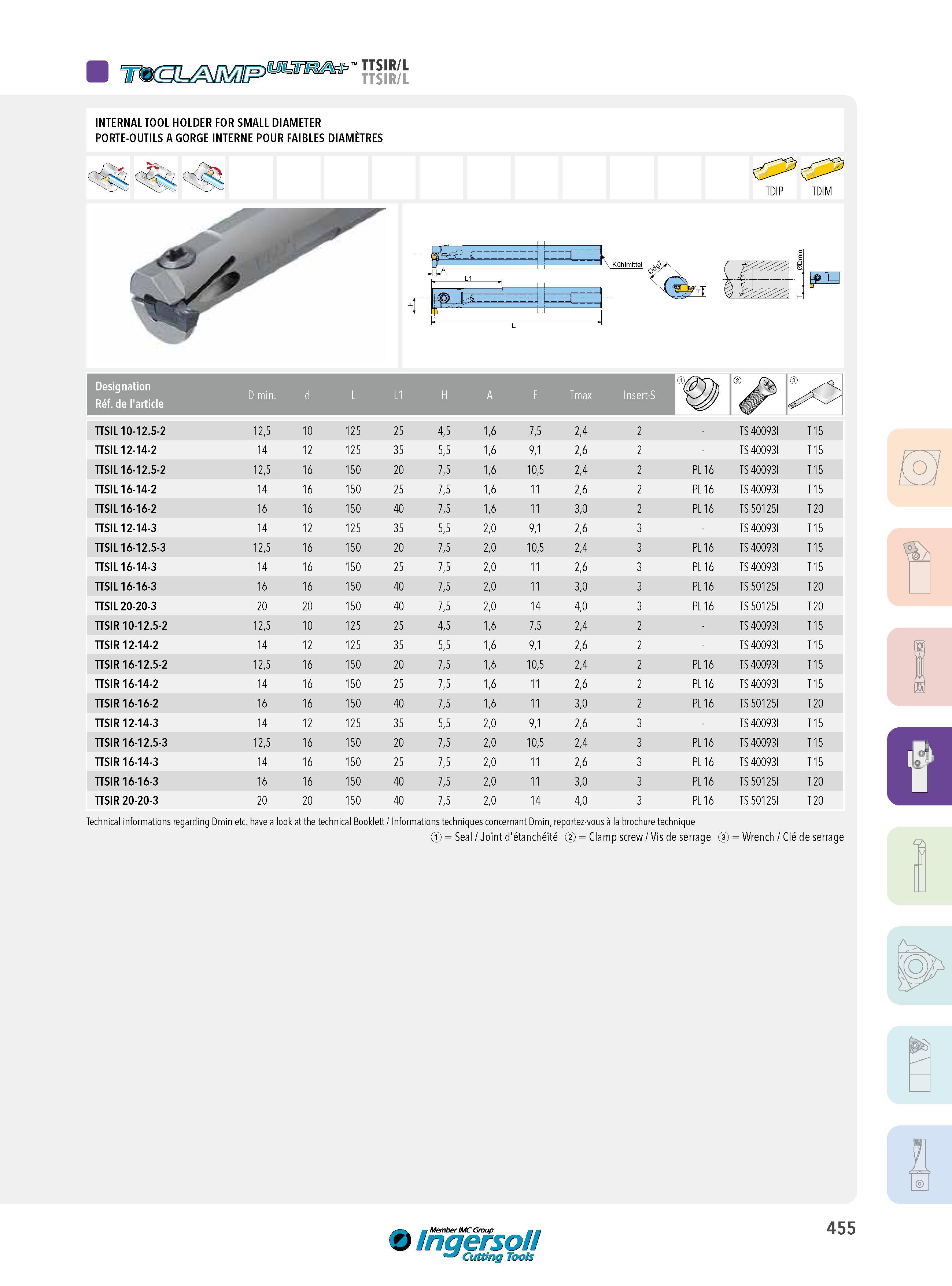 455 ttsir/l INTERNAL TOOL HOLDER FOR SMALL DIAMETER PORTE-OUTILS A GORGE INTERNE POUR FAIBLES DIAMÈTRES TDIP TDIM =i Kühlmittel Designation Réf de l'article Каталог INGERSOLL 2015 Металлорежущий токарный инструмент Резцы Державки Сменные режущие многогранные пластины для точения на станках Стр. 455 ENG FRA