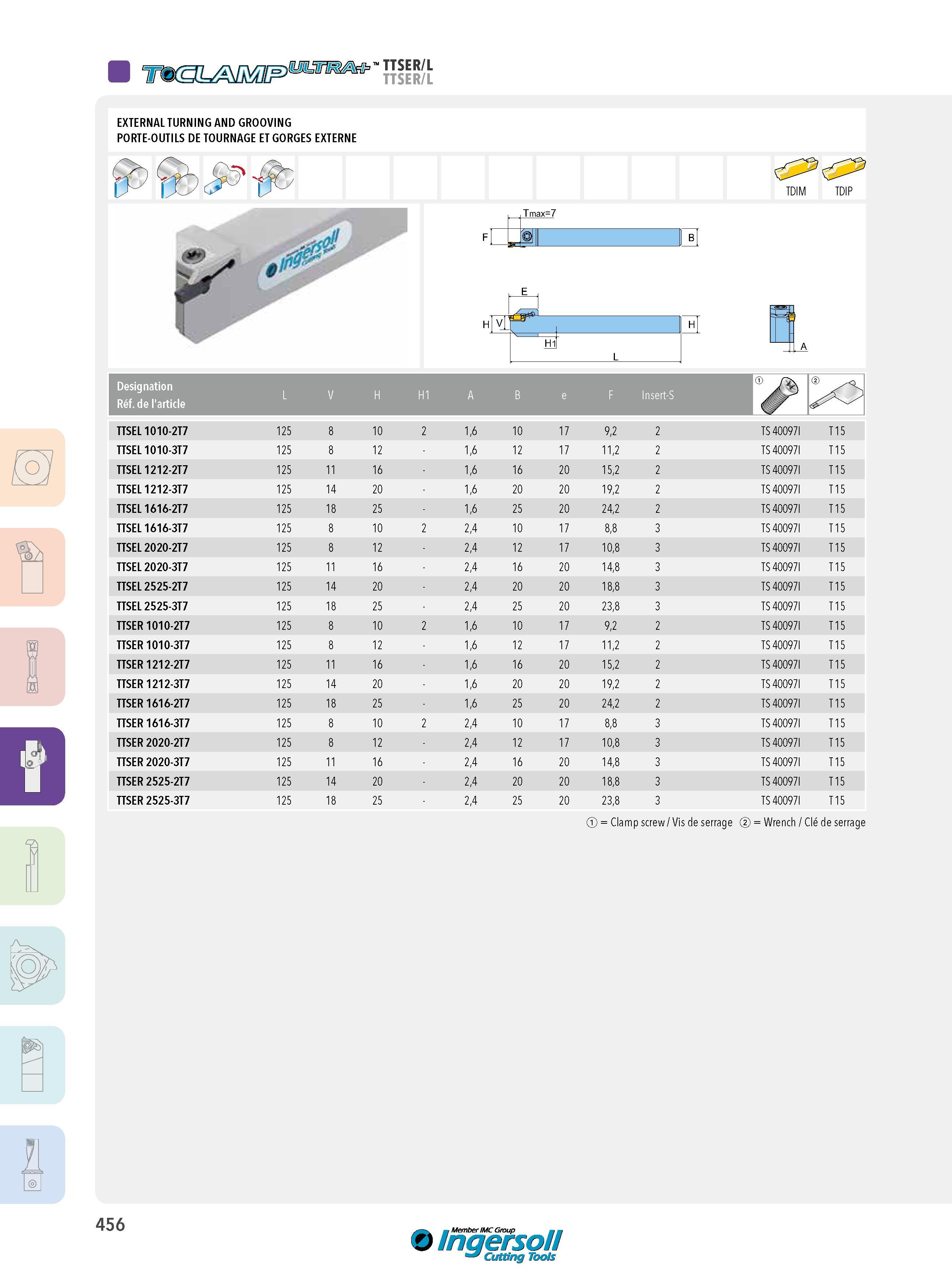 456 TTSER/L C7\ EXTERNAL TURNING AND GROOVING PORTE-OUTILS DE TOURNAGE ET GORGES EXTERNE 1 g B K , H Hi L TDIM TDIP Designation L V H H1 A B e F inserts Réf Каталог INGERSOLL 2015 Металлорежущий токарный инструмент Резцы Державки Сменные режущие многогранные пластины для точения на станках Стр. 456 ENG FRA
