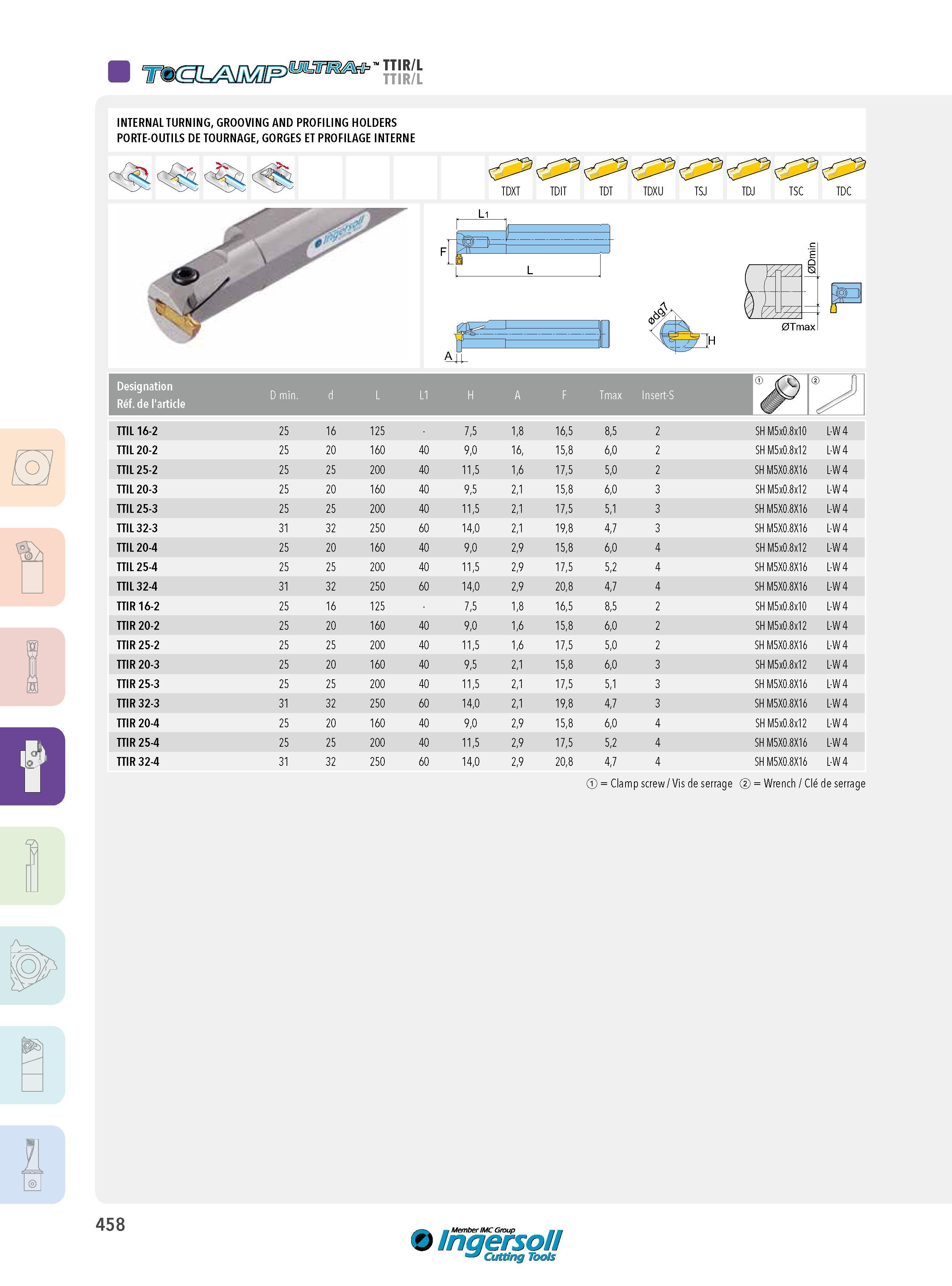 458 W&3U M W3SsS’' TTIR/L INTERNAL TURNING, GROOVING AND PROFILING HOLDERS PORTE-OUTILS DE TOURNAGE, GORGES ET PROFILAGE INTERNE TDXT TDIT TDT TDXU TSJ TDJ Каталог INGERSOLL 2015 Металлорежущий токарный инструмент Резцы Державки Сменные режущие многогранные пластины для точения на станках Стр. 458 ENG FRA