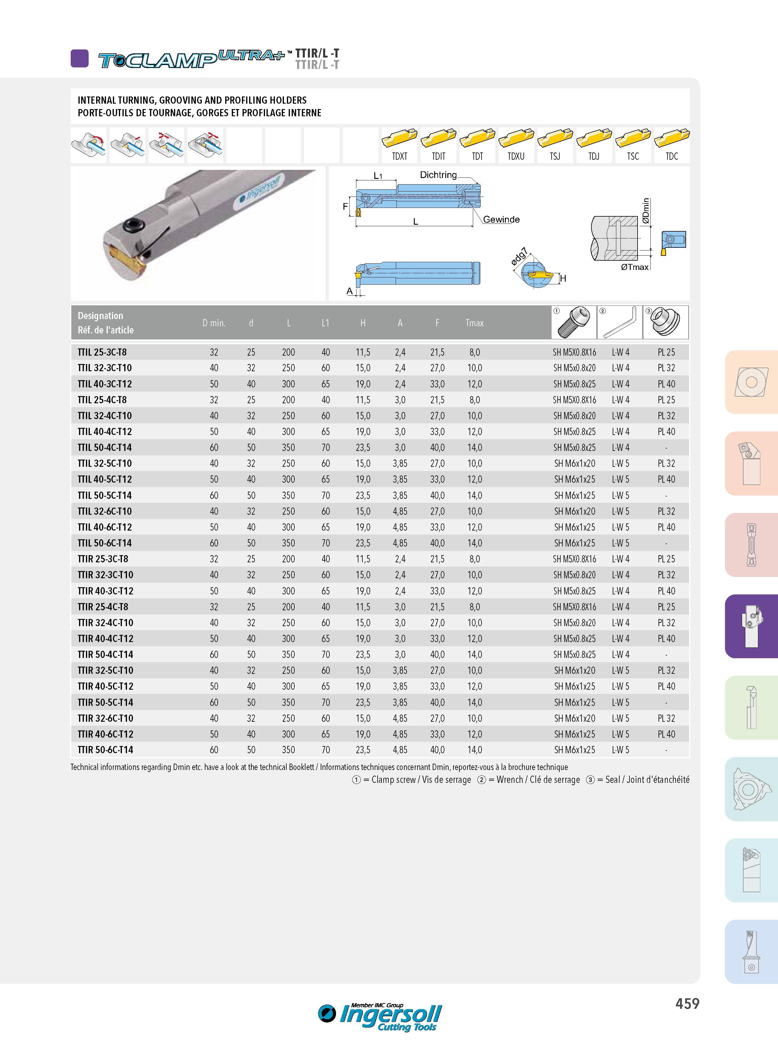 459 TTIR/L -T INTERNAL TURNING, GROOVING AND PROFILING HOLDERS PORTE-OUTILS DE TOURNAGE, GORGES ET PROFILAGE INTERNE TDXT TDIT TDT TDXU Li Dichtring TSJ TDJ Каталог INGERSOLL 2015 Металлорежущий токарный инструмент Резцы Державки Сменные режущие многогранные пластины для точения на станках Стр. 459 ENG FRA