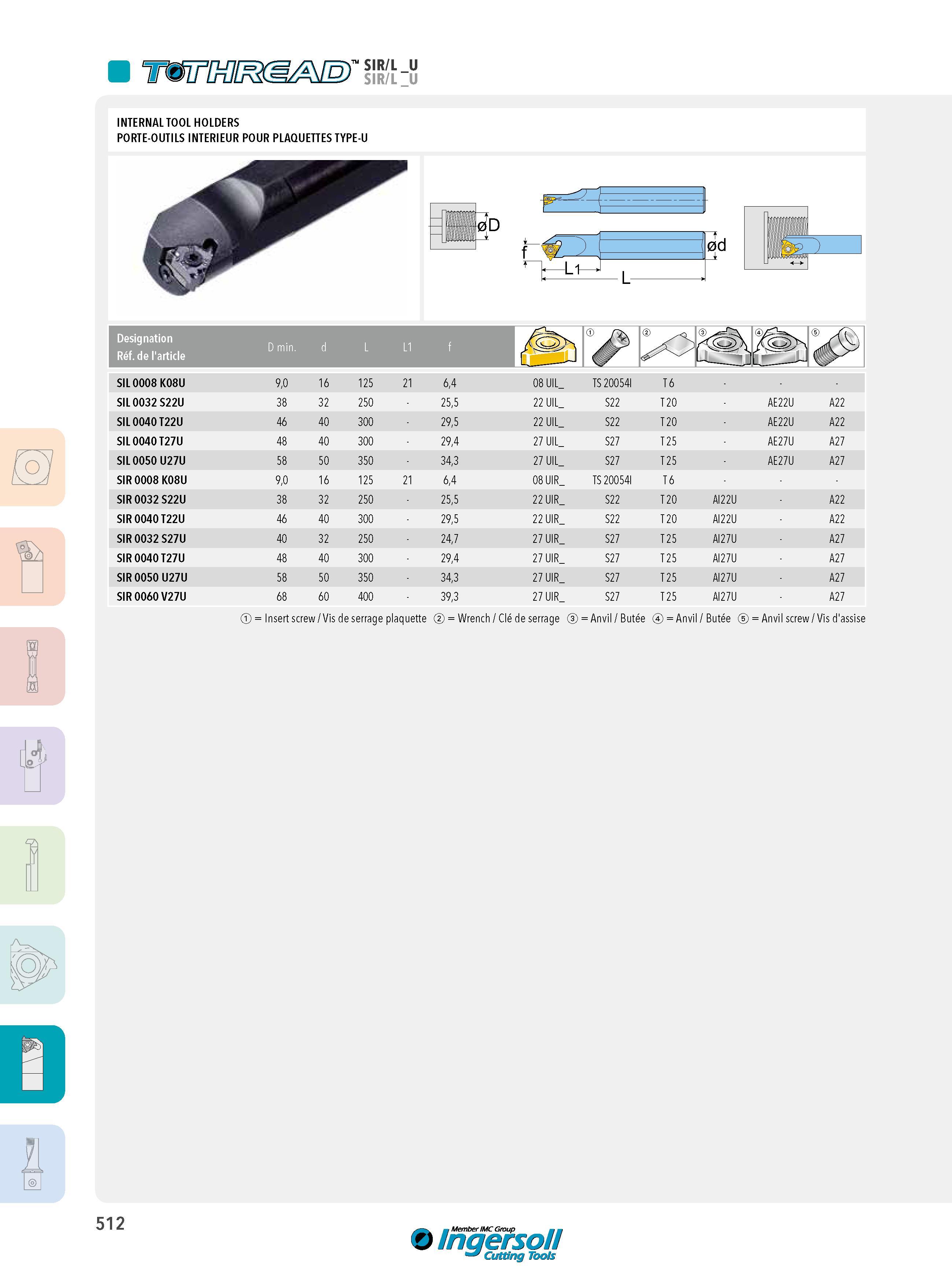 512 SIR/L SIR/L INTERNAL TOOL HOLDERS PORTE-OUTILS INTERIEUR POUR PLAQUETTES TYPE-U Designation Réf de l'article 0D HÉ J i HL , 0d i D min d SIL 0008 K08U 9 Каталог INGERSOLL 2015 Металлорежущий токарный инструмент Резцы Державки Сменные режущие многогранные пластины для точения на станках Стр. 512 ENG FRA