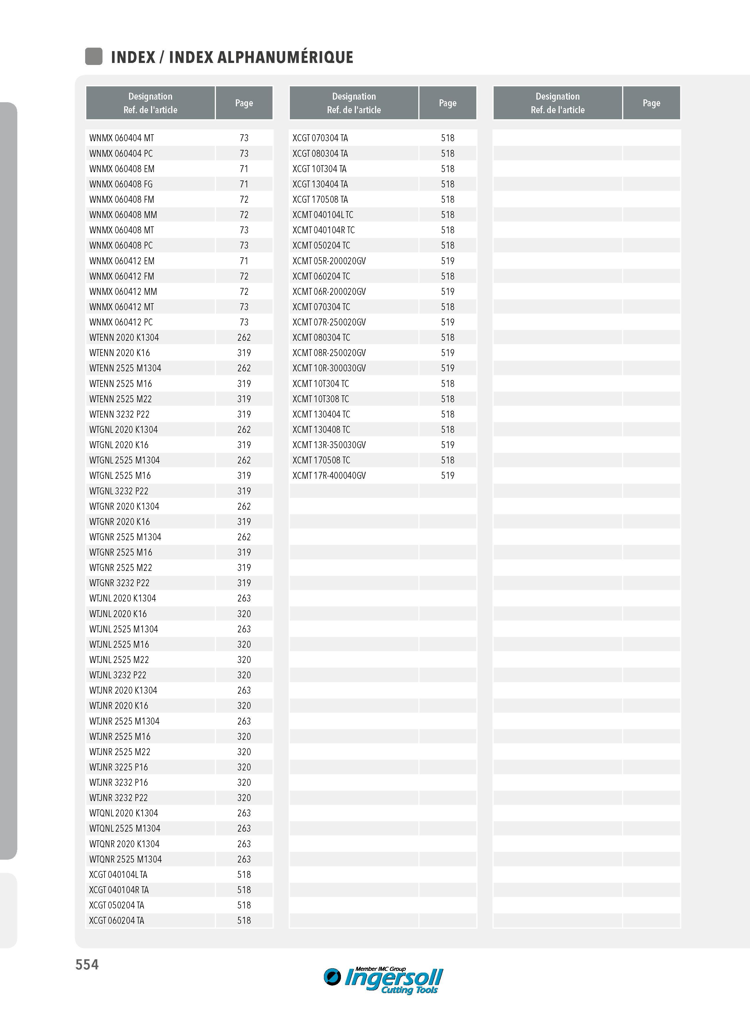 554 INDEX ALPHANUMÉRIQUE Designation Ref de l'article Page WNMX 060404 MT 73 XCGT070304 TA 518 WNMX 060404 PC 73 XCGT080304 TA 518 WNMX 060408 EM 71 XCGT 10 Каталог INGERSOLL 2015 Металлорежущий токарный инструмент Резцы Державки Сменные режущие многогранные пластины для точения на станках Стр. 554 ENG FRA