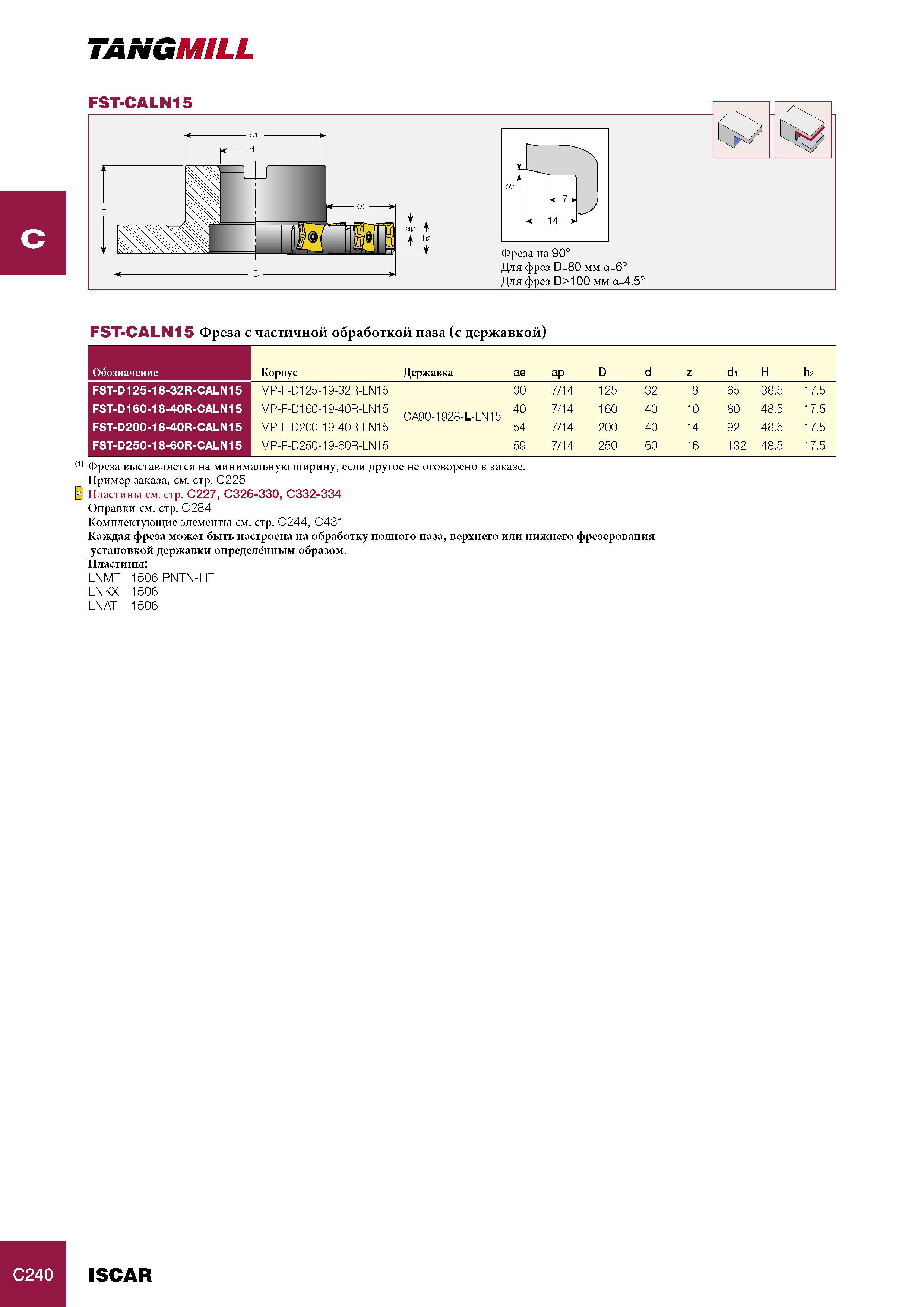 660 Фреза Iscar с частичной обработкой паза (с державкой) TANGMILL FST-CALN15 Обозначение Корпус Н Державка И ae ap D d z d1 H h2 FST-D125-18-32R-CALN15 MP-F-D12 Каталог ISCAR 2005 Металлорежущий инструмент и инструментальная станочная оснастка для металлообрабатывающих станков и комплексов с ЧПУ Стр. C240