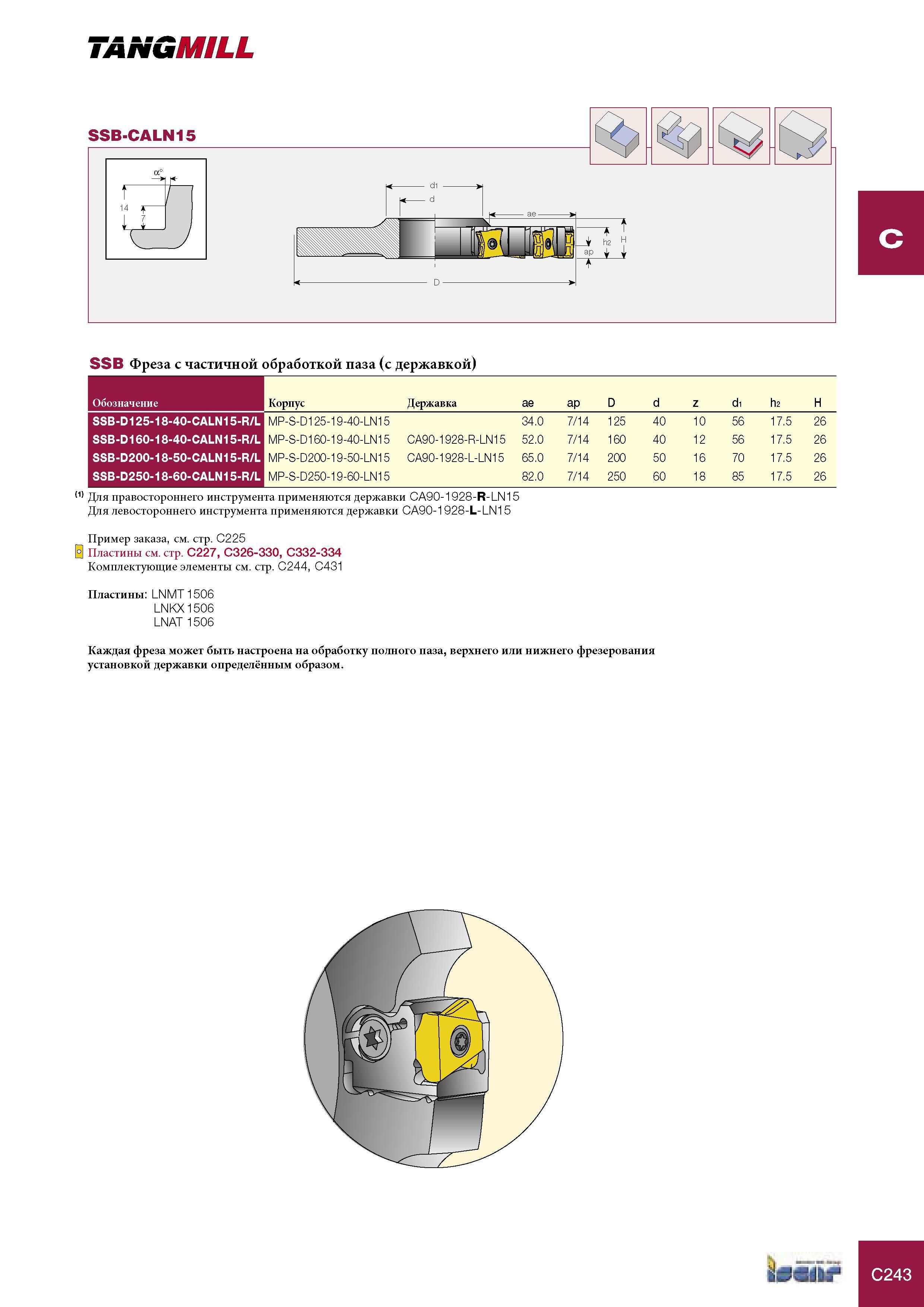663 Фреза Iscar с частичной обработкой паза (с державкой) Обозначение Корпус Державка ae ap D d z d1 h2 H SSB-D125-18-40-CALN15-R/L MP-S-D125-19-40-LN15 34 0 7/1 Каталог ISCAR 2005 Металлорежущий инструмент и инструментальная станочная оснастка для металлообрабатывающих станков и комплексов с ЧПУ Стр. C243