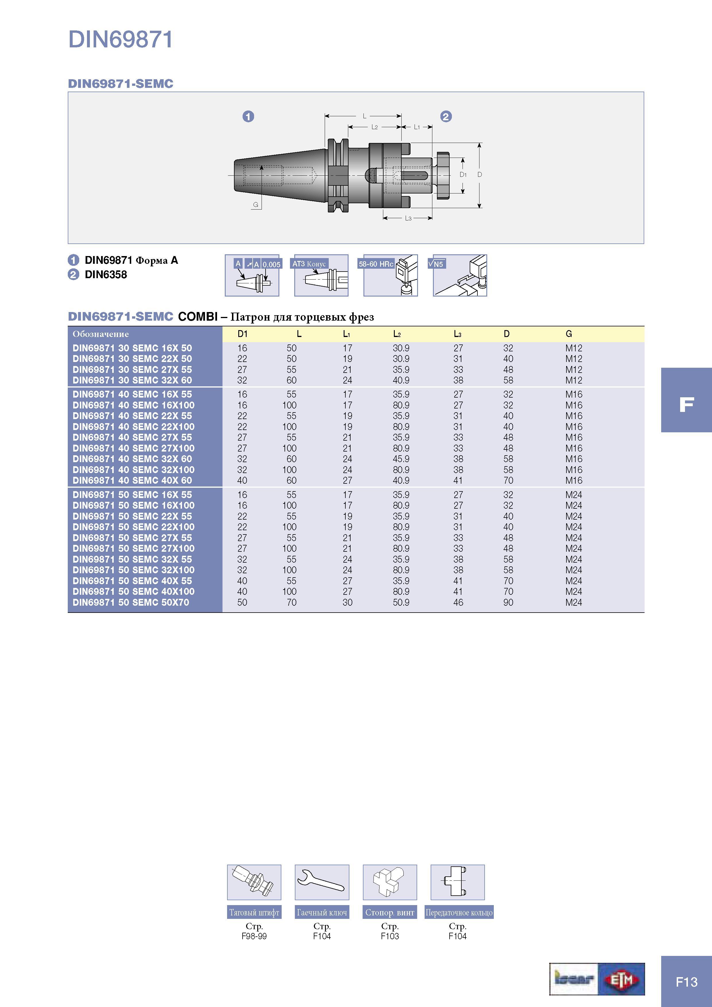 1035 Патрон Iscar для торцевых фрез Обозначение D1 L L1 L2 L3 D G DIN69871 30 SEMC 16X 50 16 50 17 30 9 27 32 M12 DIN69871 30 SEMC 22X 50 22 50 19 30 9 31 40 M12 Каталог ISCAR 2005 Металлорежущий инструмент и инструментальная станочная оснастка для металлообрабатывающих станков и комплексов с ЧПУ Стр. F13