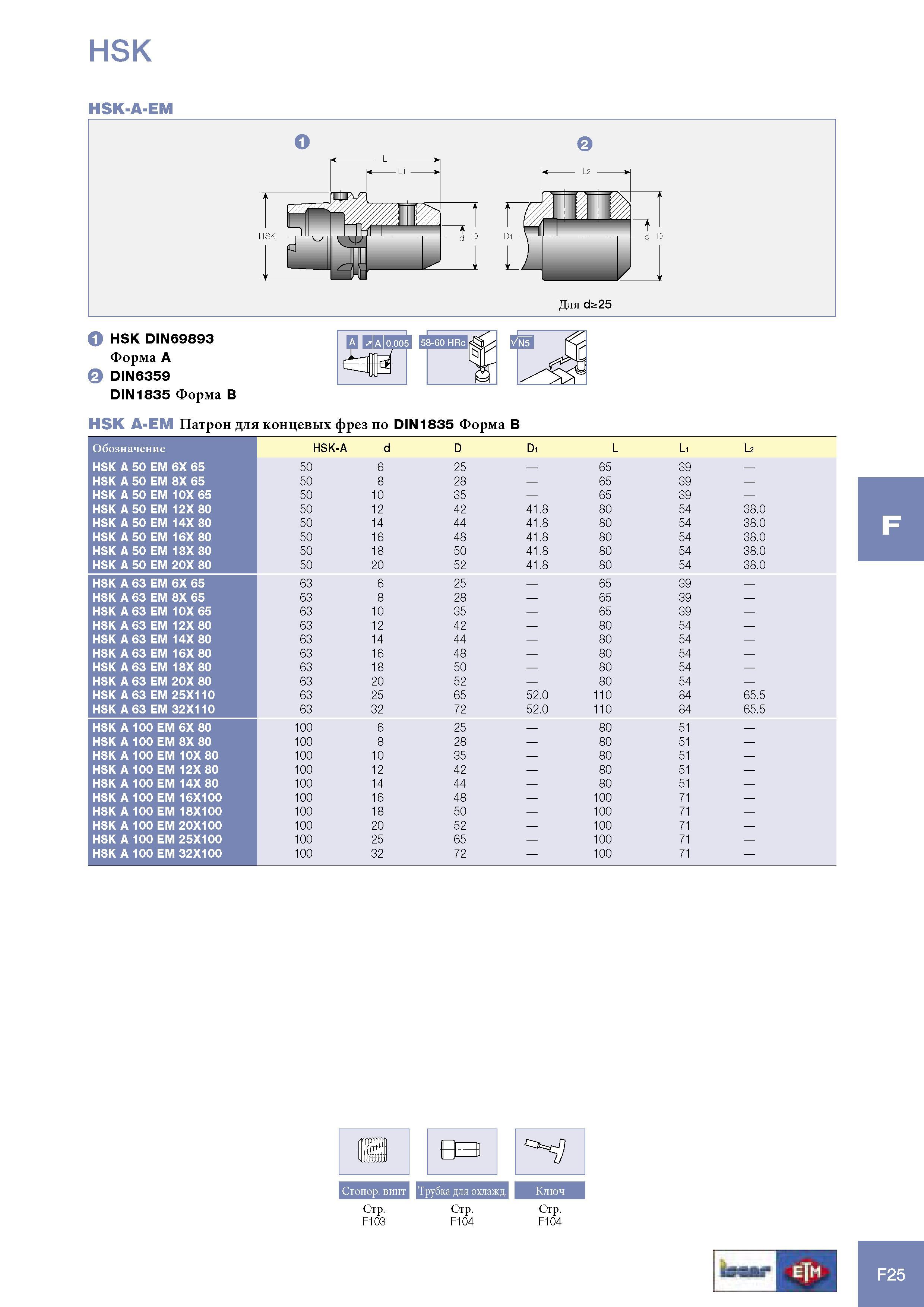 1047 Патрон Iscar для концевых фрез по DIN1835 Форма B Обозначение HSK-A d D D1 L L1 L2 HSK A 50 EM 6X 65 50 6 25 65 39 HSK A 50 EM 8X 65 50 8 28 65 39 HSK A 50 E Каталог ISCAR 2005 Металлорежущий инструмент и инструментальная станочная оснастка для металлообрабатывающих станков и комплексов с ЧПУ Стр. F25