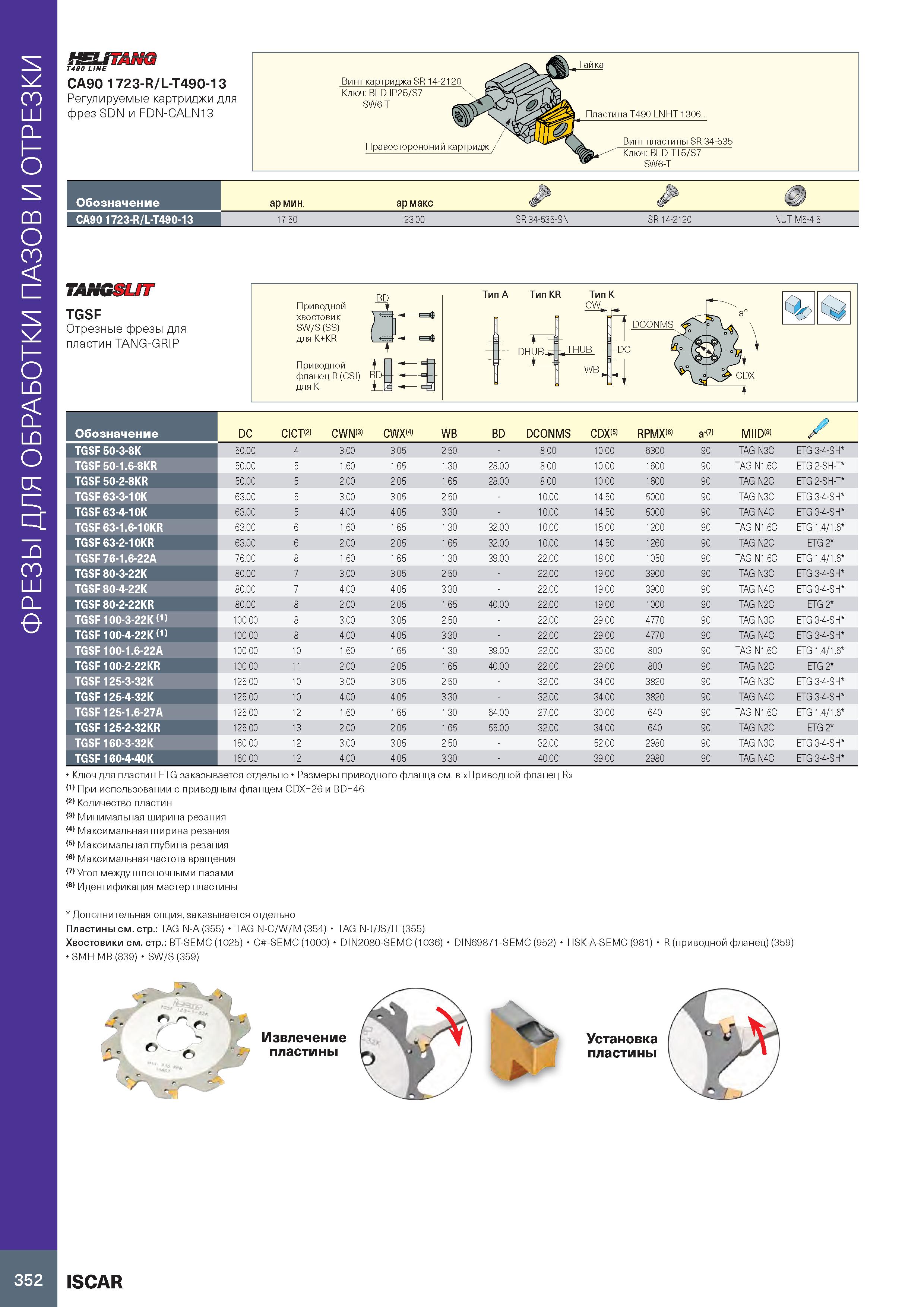 356 ФРЕЗЫ ДЛЯ ОБРАБОТКИ ПАЗОВ И ОТРЕЗКИ HEU7AHQ Т490 LINE CA90 1723-R/L-T490-13 Регулируемые картриджи для фрез SDN и FDN-CALN13 Обозначение CA90 172 Каталог ISCAR 2020 Фрезы твердосплавные монолитные и сборные Сверла спиральные с СМП Пластины режущие сменные Вспомогательный инструмент для станков по металлу Стр. 352
