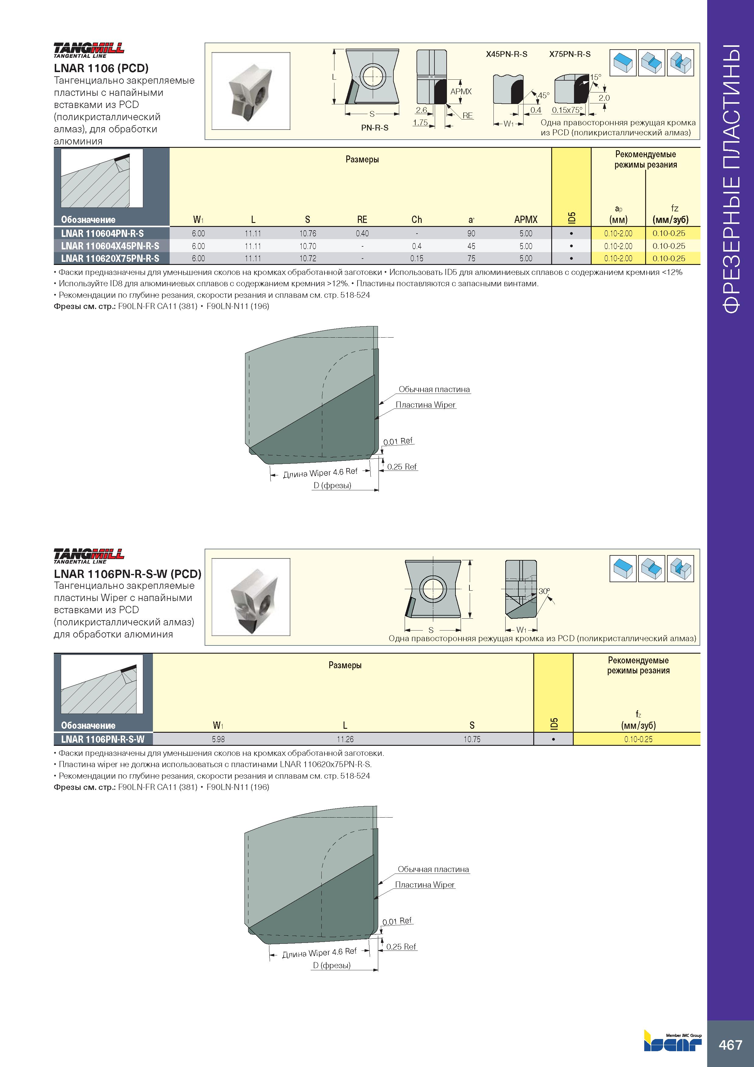 471 TANGENTIAL LINE LNAR 1106 (PCD) Тангенциально закрепляемые пластины с напайными вставками из PCD (пол и кристаллический алмаз), для обработки алю Каталог ISCAR 2020 Фрезы твердосплавные монолитные и сборные Сверла спиральные с СМП Пластины режущие сменные Вспомогательный инструмент для станков по металлу Стр. 467