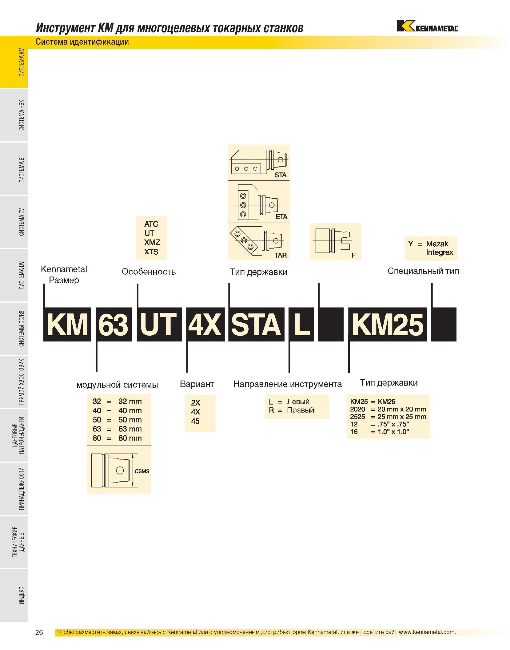 28 Инструмент KM для многоцелевых токарных станков Система идентификации Kennametal Размер АТС ит XMZ XTS Особенность Тип державки Y Mazak Integrex Специальны Каталог KENNAMETAL 2007 Системы инструмента Станочная инструментальная оснастка Стр. 26