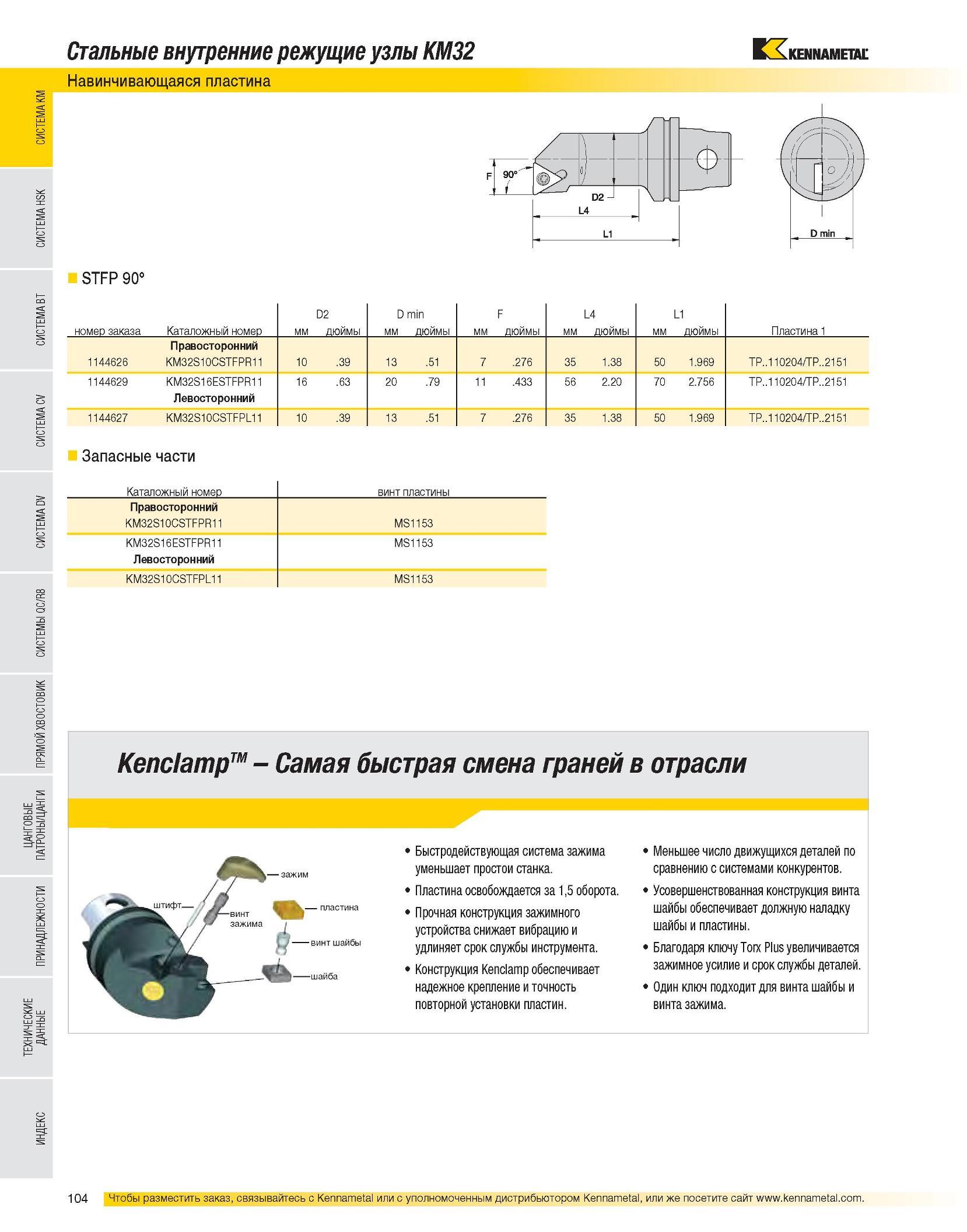 106 Быстродействующая система зажима Kennametal уменьшает простои станка Сменная режущая пластина освобождается за 1,5 оборота Прочная конструкция зажимного ус Каталог KENNAMETAL 2007 Системы инструмента Станочная инструментальная оснастка Стр. 104