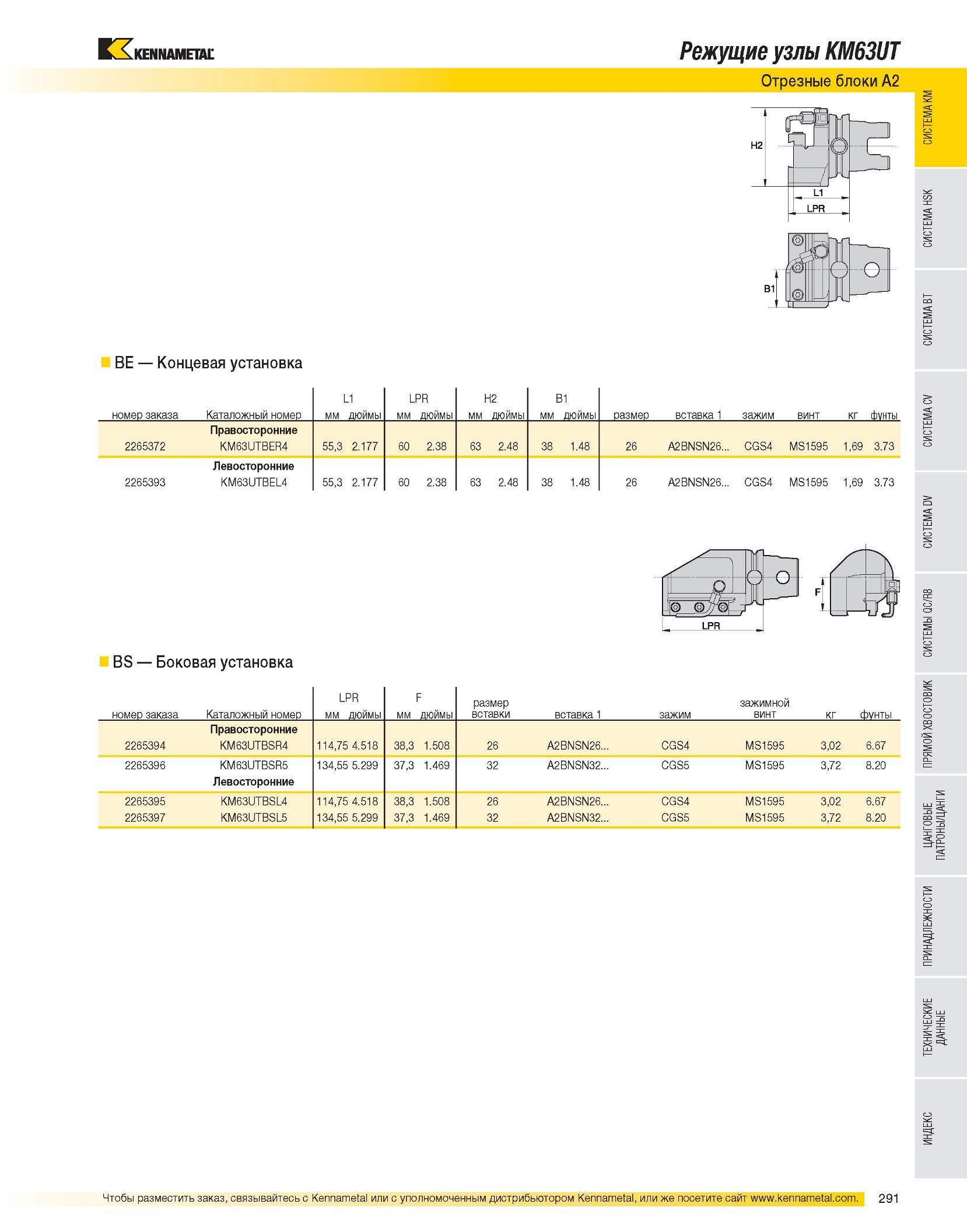 293 Режущие узлы KM63UT Отрезные блоки A2 BE Концевая установка L1 LPR H2 B1 номер заказа Каталожный номер мм дюймы мм дюймы мм дюймы мм дюймы размер вставка 1 Каталог KENNAMETAL 2007 Системы инструмента Станочная инструментальная оснастка Стр. 291