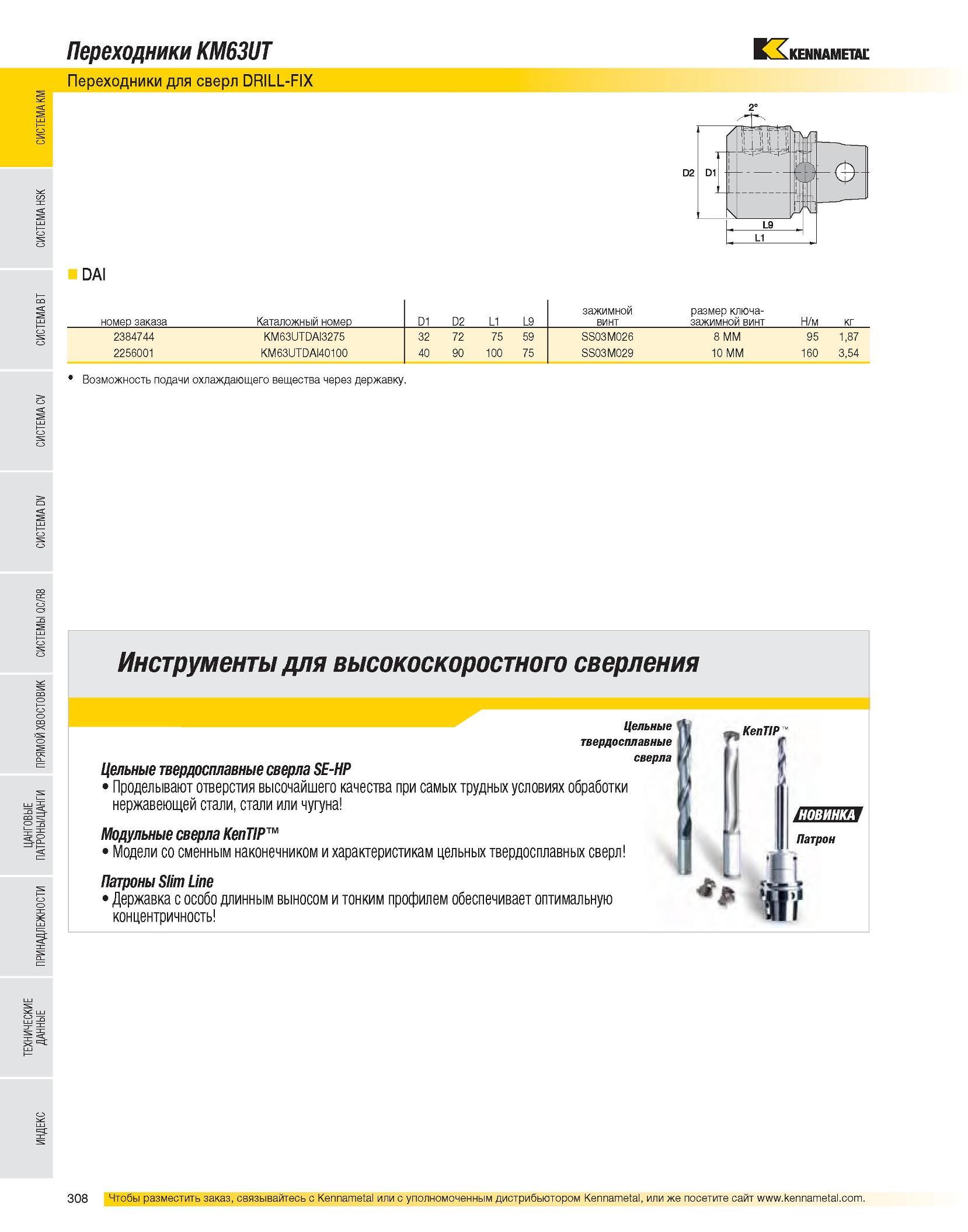 310 Переходники KM63UT Переходники для сверл DRILL-FIX DAI номер заказа Каталожный номер D1 D2 L1 L9 зажимной винт размер ключа-зажимной винт Н/м кг 2384744 KM Каталог KENNAMETAL 2007 Системы инструмента Станочная инструментальная оснастка Стр. 308