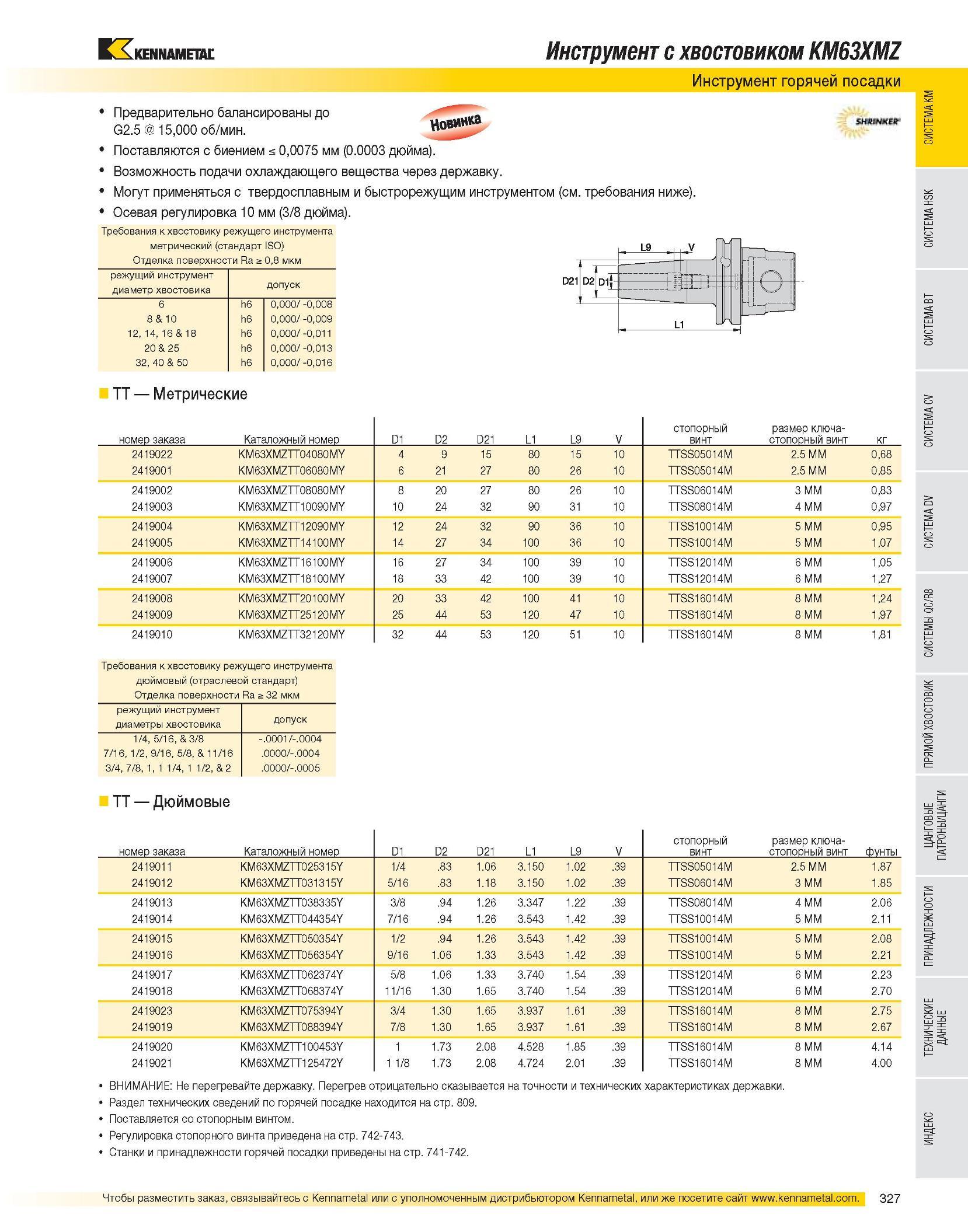 329 Вспомогательный станочный инструмент Kennametal горячей посадки с хвостовиком KM63XMZ Предварительн балансирован до G2 5 при 15,000 об/мин Данные термопатр Каталог KENNAMETAL 2007 Системы инструмента Станочная инструментальная оснастка Стр. 327
