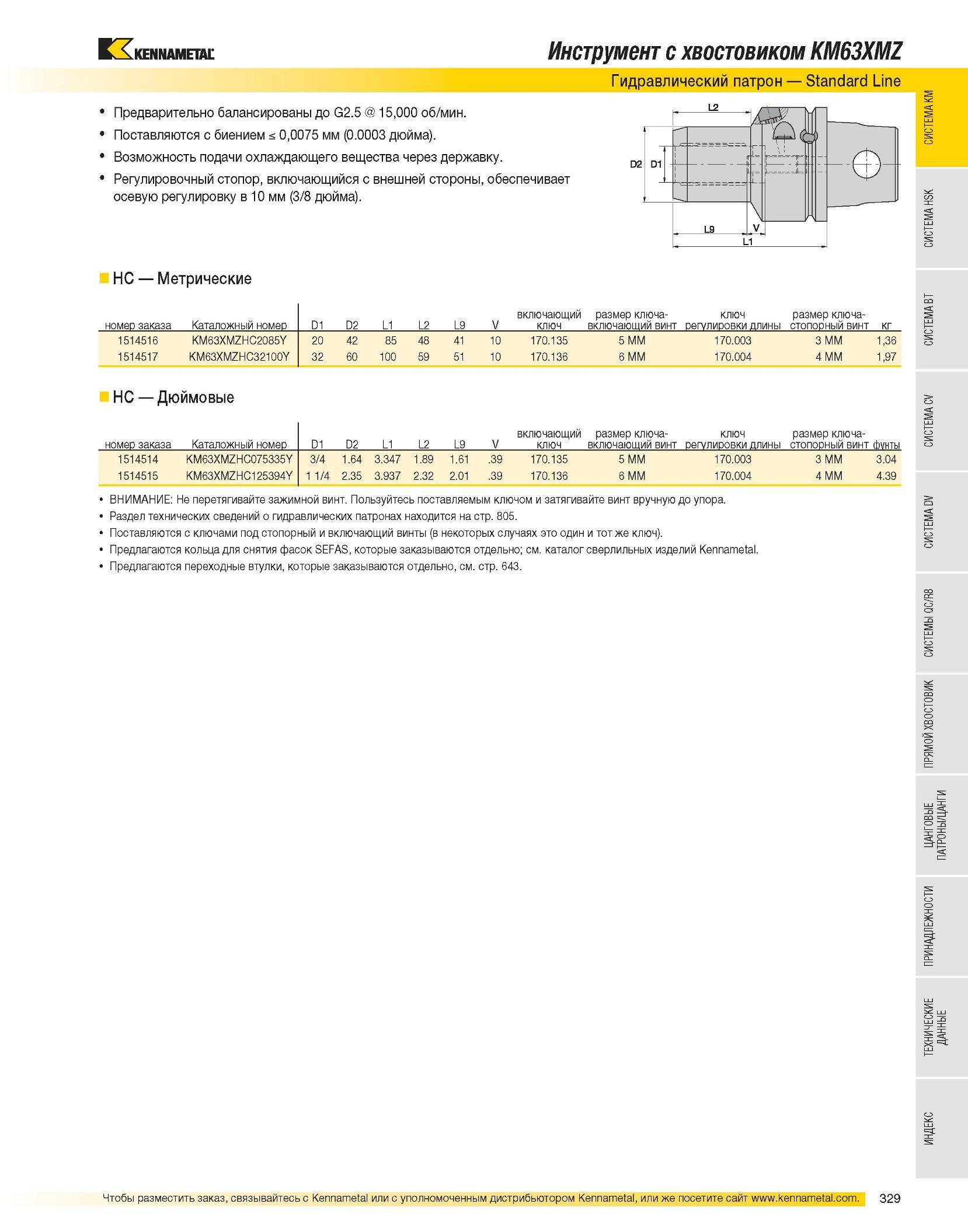 331 Инструментальная оснастка с хвостовиком KM63XMZ Гидравлические патроны Kennametal Standard Line Предварительно балансированы до G2 5 15,000 об/мин Поставля Каталог KENNAMETAL 2007 Системы инструмента Станочная инструментальная оснастка Стр. 329