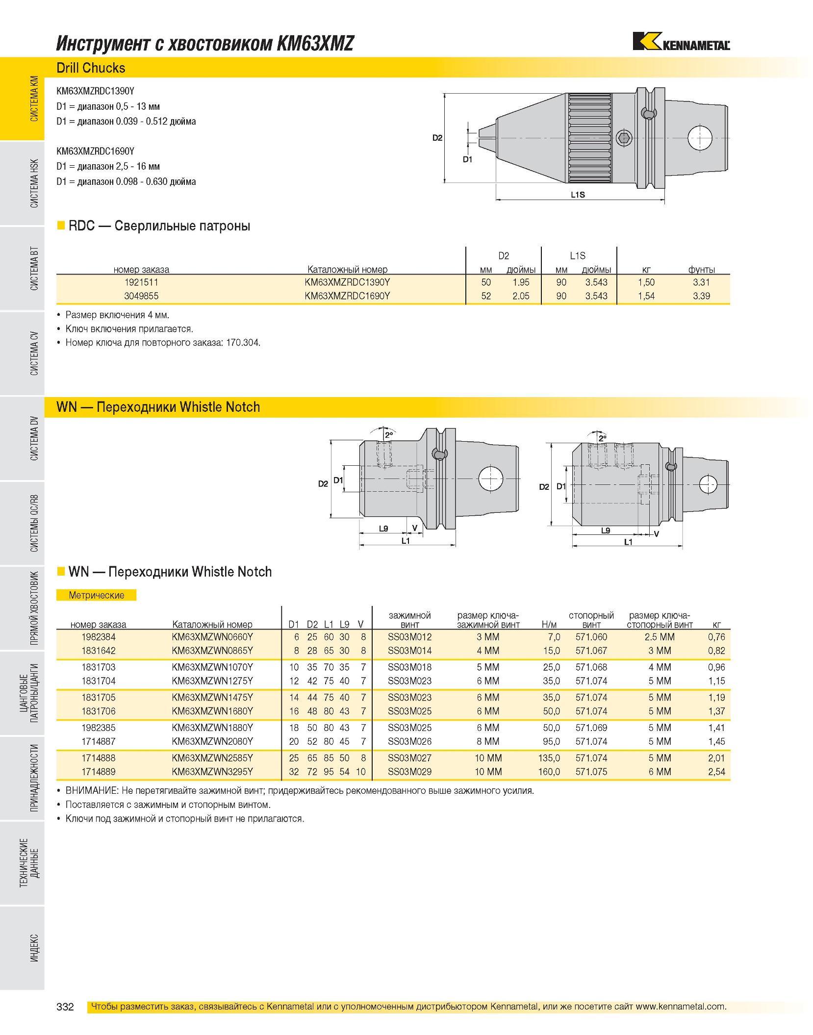 334 Сверлильные патроны Kennametal Drill Chucks с хвостовиком KM63XMZ KM63XMZRDC1390Y D1 диапазон 0,5 - 13 мм D1 диапазон 0 039 - 0 512 дюйма KM63XMZRDC1690Y D Каталог KENNAMETAL 2007 Системы инструмента Станочная инструментальная оснастка Стр. 332