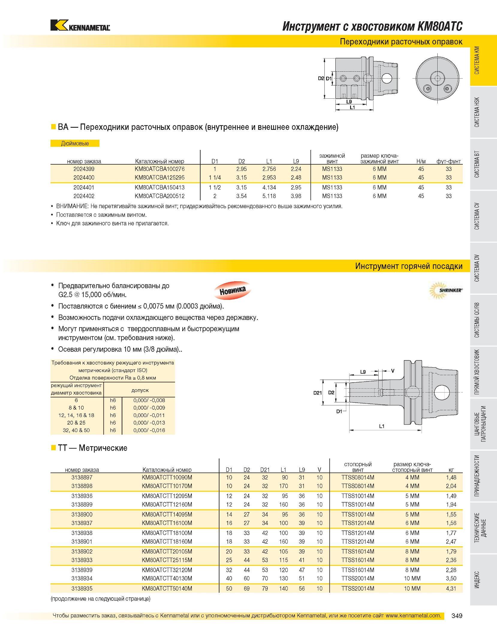 351 Инструмент с хвостовиком KM80ATC Переходники расточных оправок BA Переходники расточных оправок (внутреннее и внешнее охлаждение) Дюймовые номер заказа Кат Каталог KENNAMETAL 2007 Системы инструмента Станочная инструментальная оснастка Стр. 349