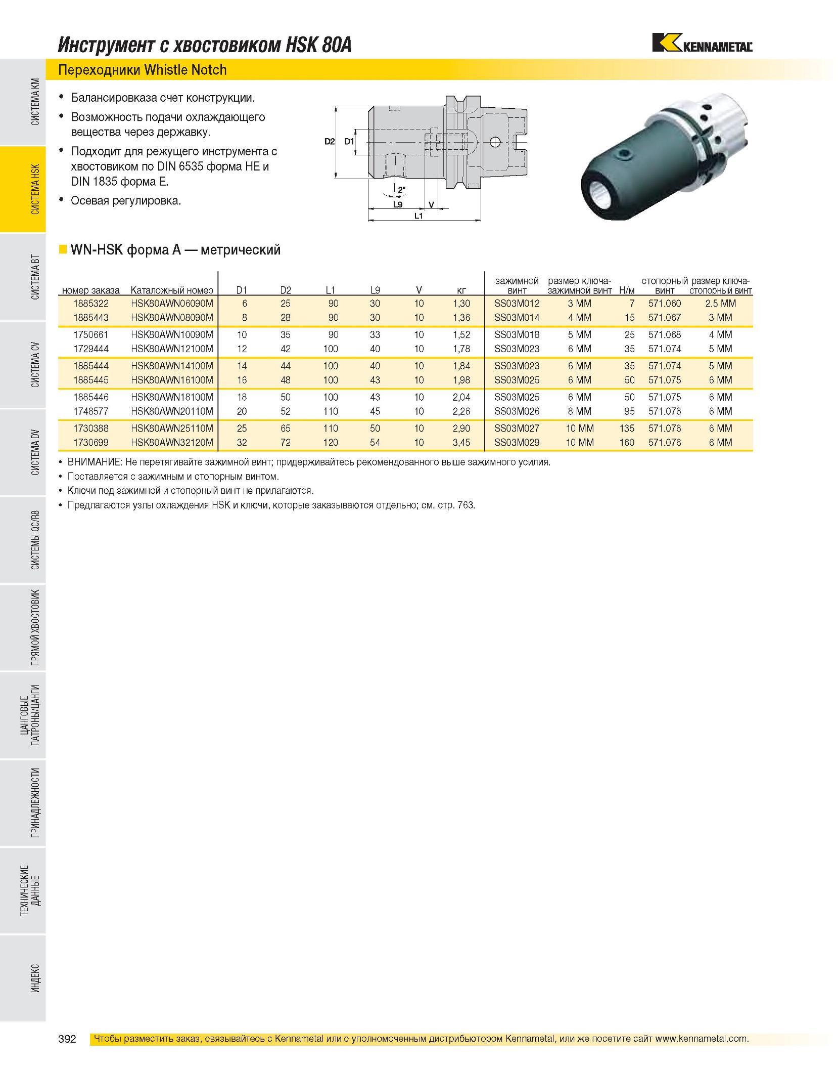 394 Инструмент с хвостовиком HSK 80A Переходники Whistle Notch Балансировказа счет конструкции Возможность подачи охлаждающего вещества через державку Подходит Каталог KENNAMETAL 2007 Системы инструмента Станочная инструментальная оснастка Стр. 392
