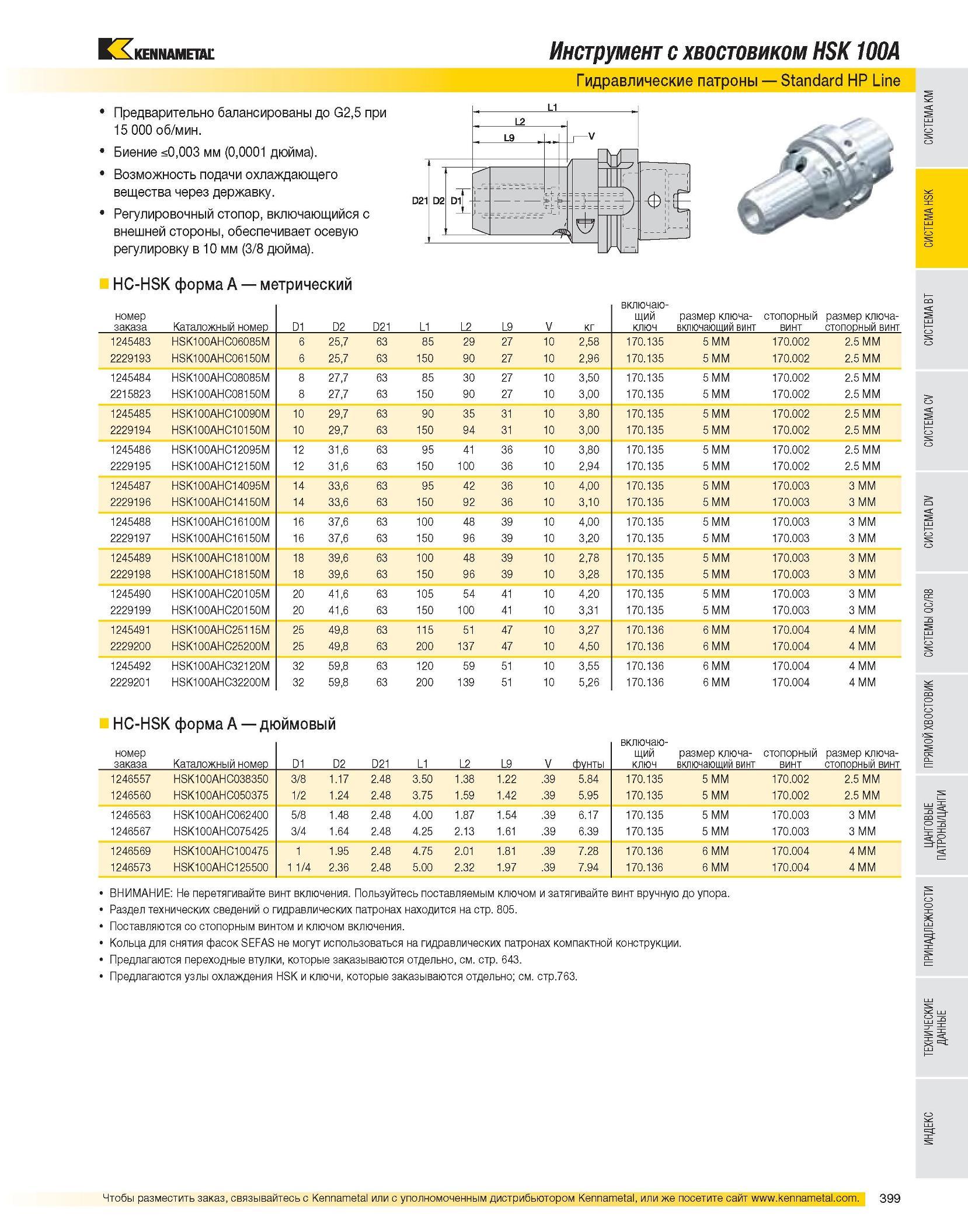 401 Инструмент с хвостовиком HSK 100A Гидравлические патроны Standard HP Line Предварительно балансированы до G2,5 при 15 000 об/мин Биение <0,003 мм (0,0001 д Каталог KENNAMETAL 2007 Системы инструмента Станочная инструментальная оснастка Стр. 399