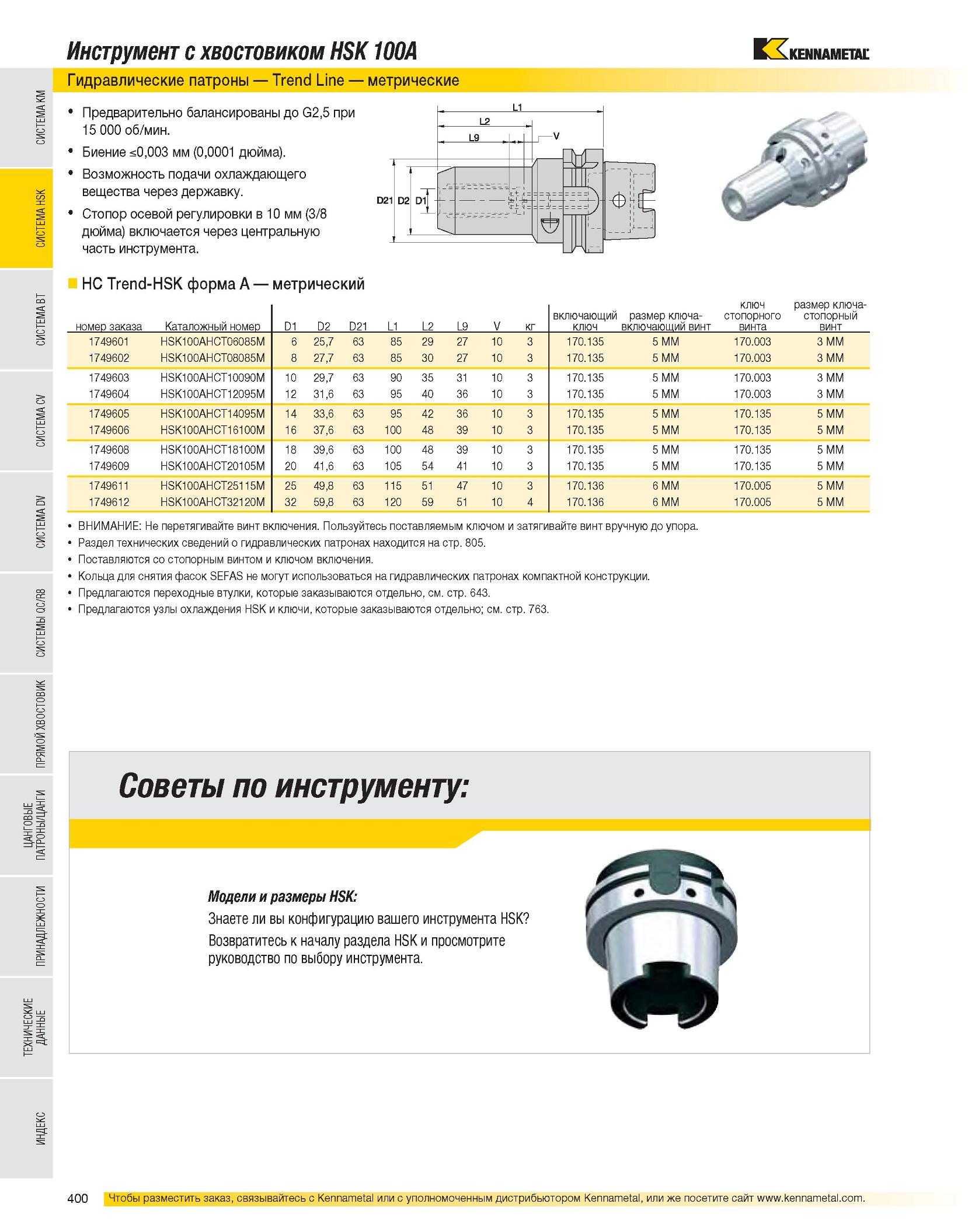 402 Инструмент с хвостовиком HSK 100A KXkennametal Гидравлические патроны Trend Line метрические Предварительно балансированы до G2,5 при 15 000 об/мин Биение Каталог KENNAMETAL 2007 Системы инструмента Станочная инструментальная оснастка Стр. 400