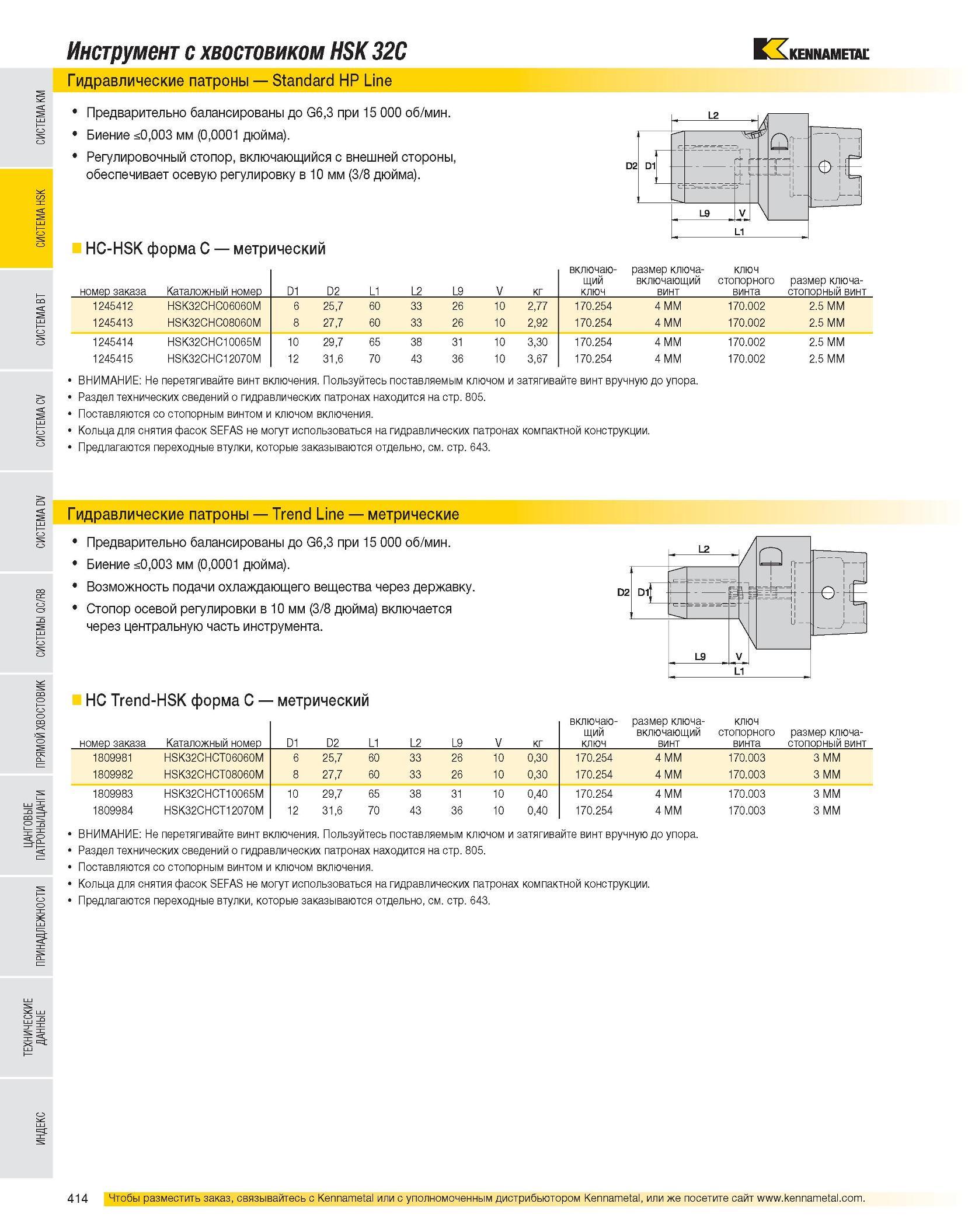 416 Инструмент с хвостовиком HSK 32C Гидравлические патроны Standard HP Line Предварительно балансированы до G6,3 при 15 000 об/мин Биение <0,003 мм (0,0001 дю Каталог KENNAMETAL 2007 Системы инструмента Станочная инструментальная оснастка Стр. 414