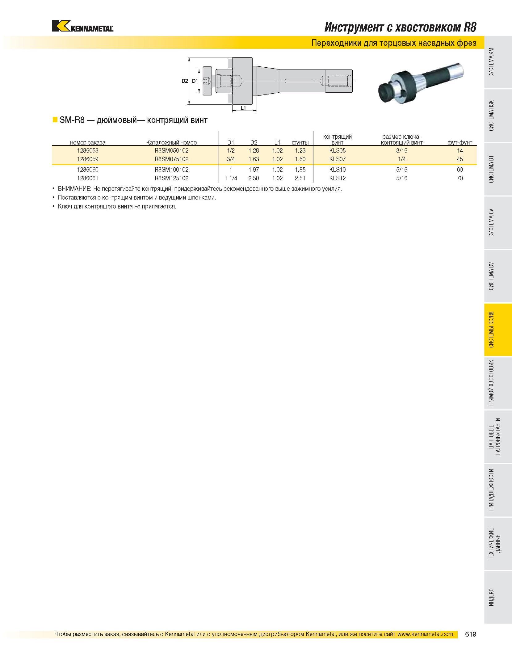 620 Инструмент с хвостовиком R8 Переходники для торцовых насадных фрез SM-R8 дюймовый контрящий винт номер заказа Каталожный номер D1 D2 L1 фунты контрящий вин Каталог KENNAMETAL 2007 Системы инструмента Станочная инструментальная оснастка Стр. 619