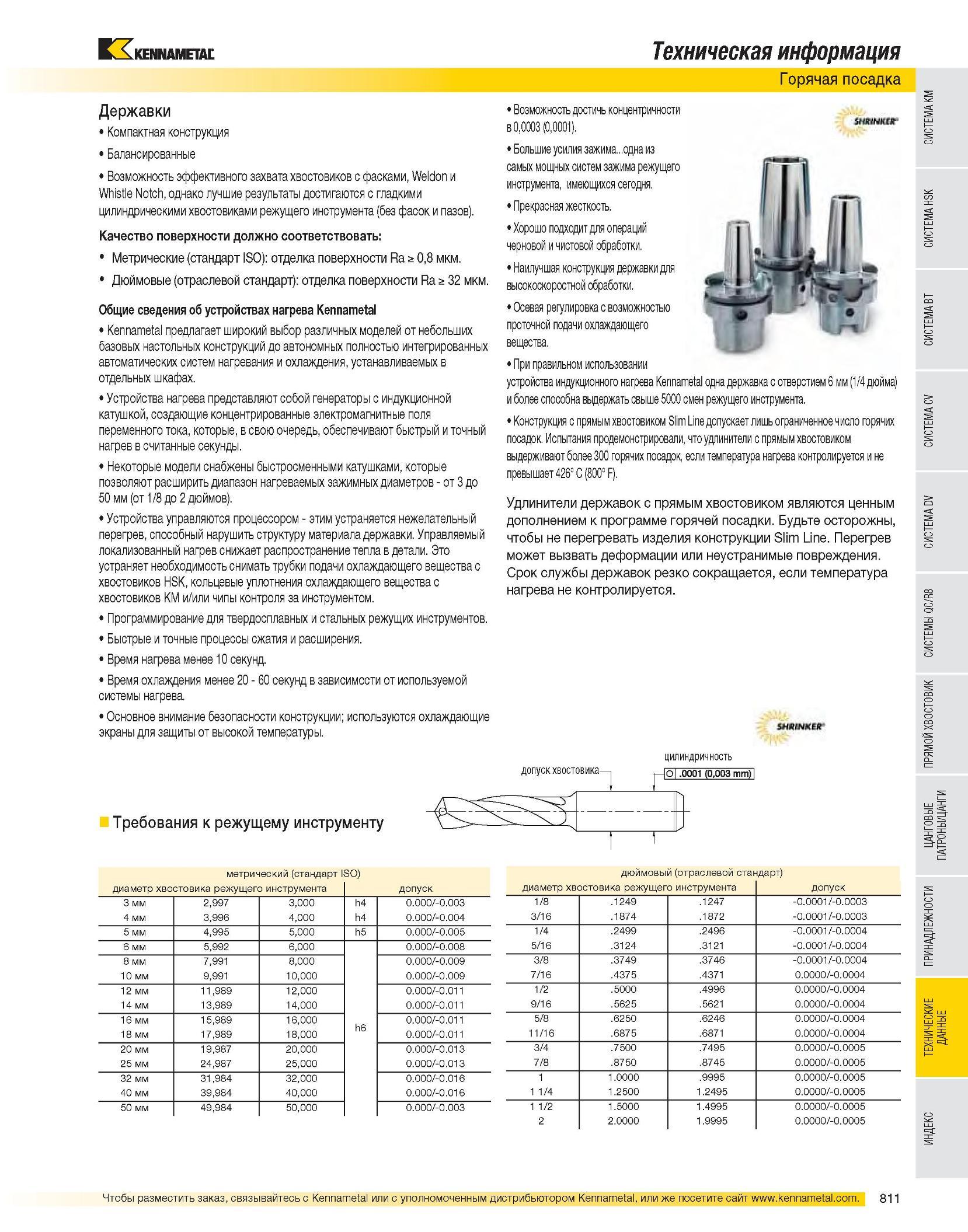 812 Горячая посадка Термозажимные шпиндельные патроны Kennametal Компактная конструкция Балансированные Возможность эффективного захвата хвостовиков с фасками, Каталог KENNAMETAL 2007 Системы инструмента Станочная инструментальная оснастка Стр. 811