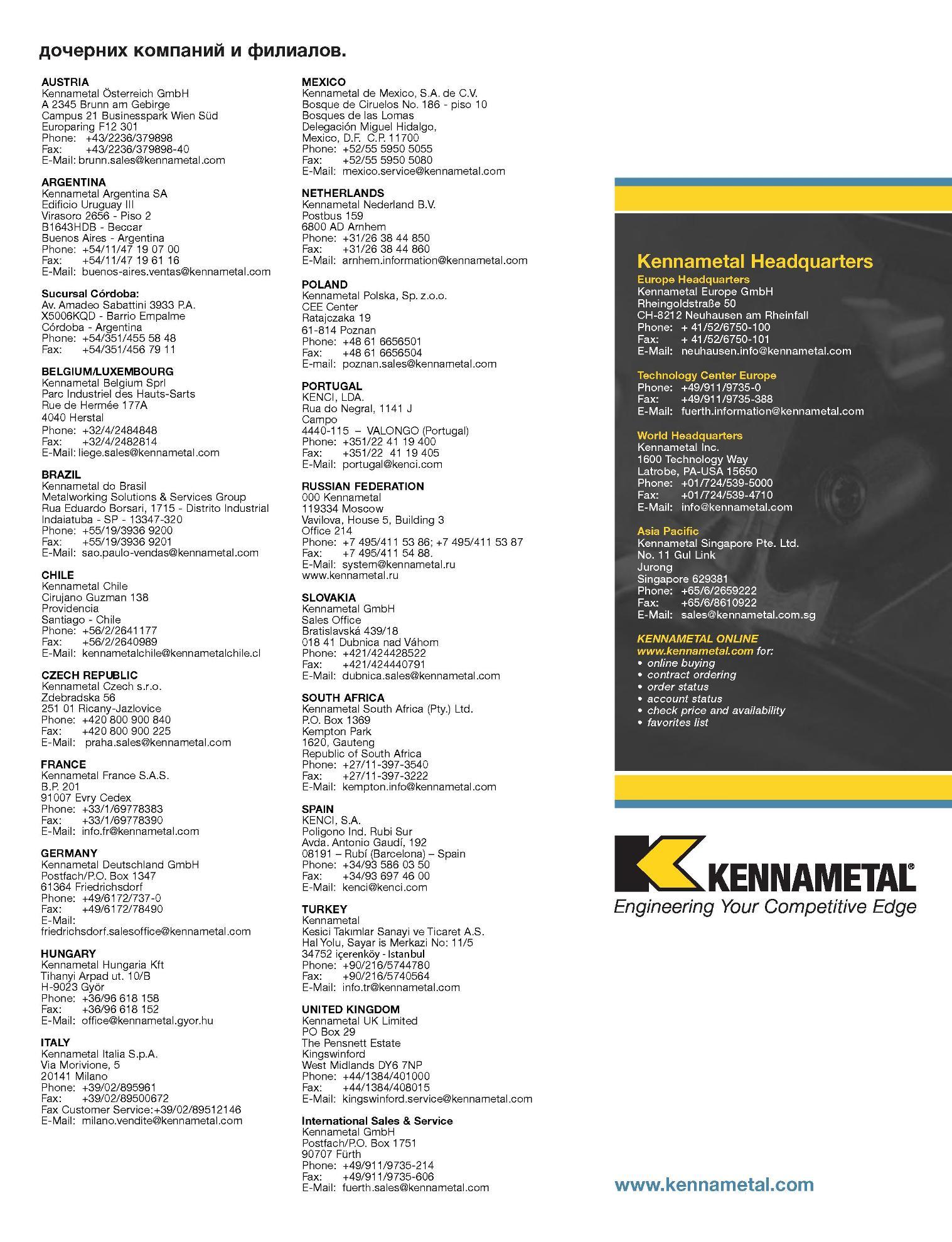 844 дочерних компаний и филиалов Kennametal Headquarters Europe Headquarters Kennametal Europe GmbH RheingoldstraBe 50 CH-8212 Neuhausen am Rheinfall Phone: + Каталог KENNAMETAL 2007 Системы инструмента Станочная инструментальная оснастка Стр. 