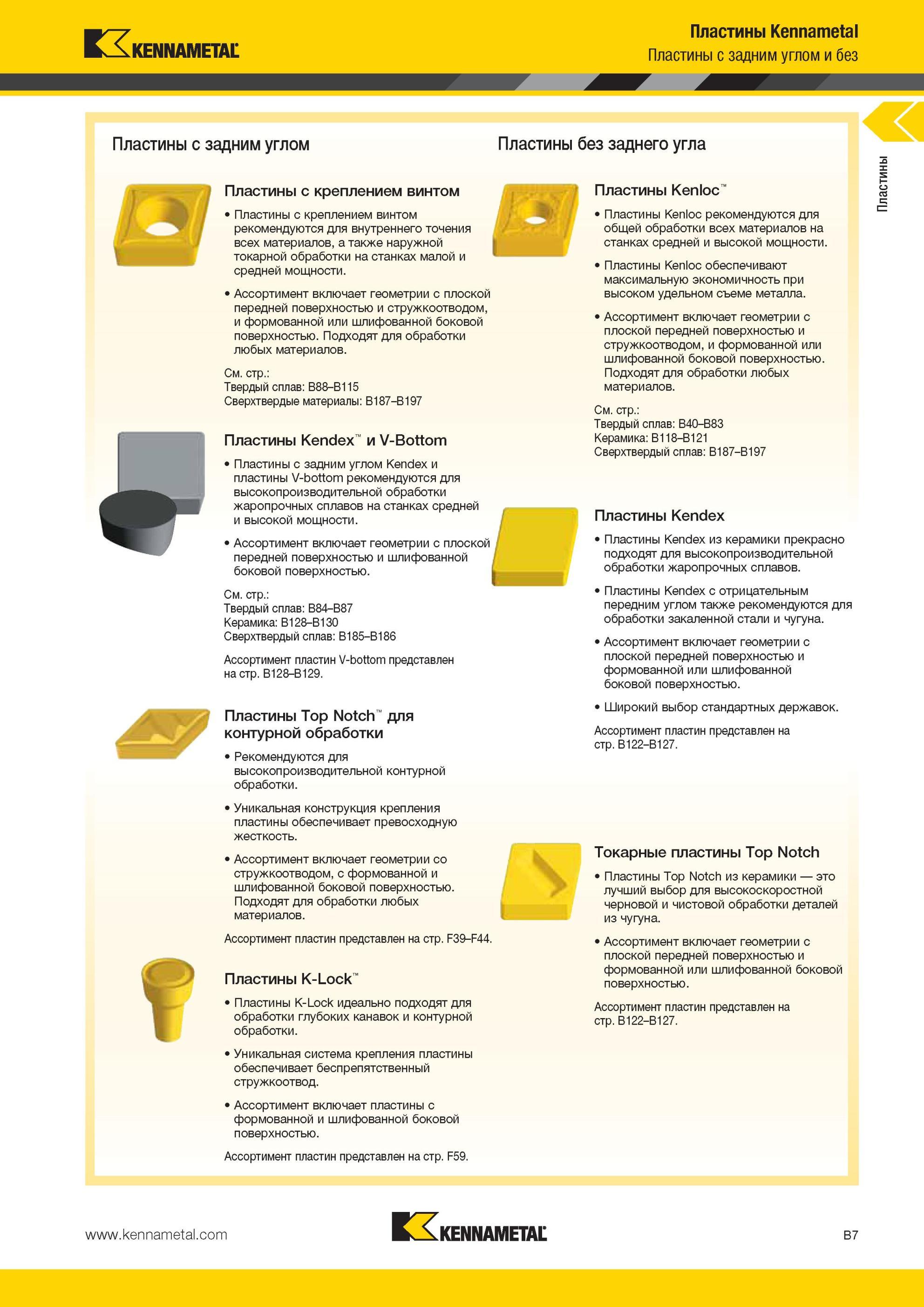 51 Токарные пластины Kennametal Основные виды продукции для наружного и внутреннего точения американского производителя Пластины с задним углом Пластины Мастер-каталог KENNAMETAL 2013 Металлорежущий инструмент Точение Обработка отверстий Фрезерование Стр. B7