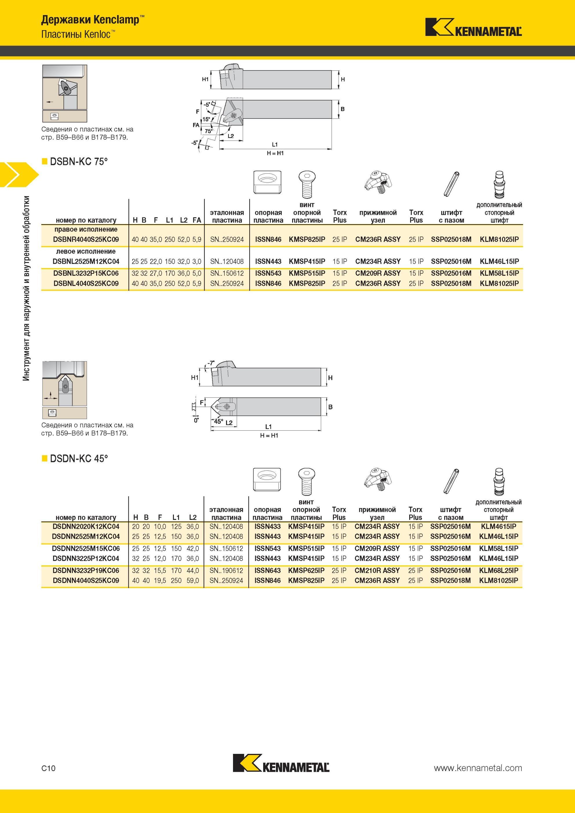 252 Проходные токарные резцы Kennametal DSBN Kenclamp со сменными режущими ромбическими плстинами Kenloc без задних углов DSBN-KC 75° Номер по каталогу H Мастер-каталог KENNAMETAL 2013 Металлорежущий инструмент Точение Обработка отверстий Фрезерование Стр. C10