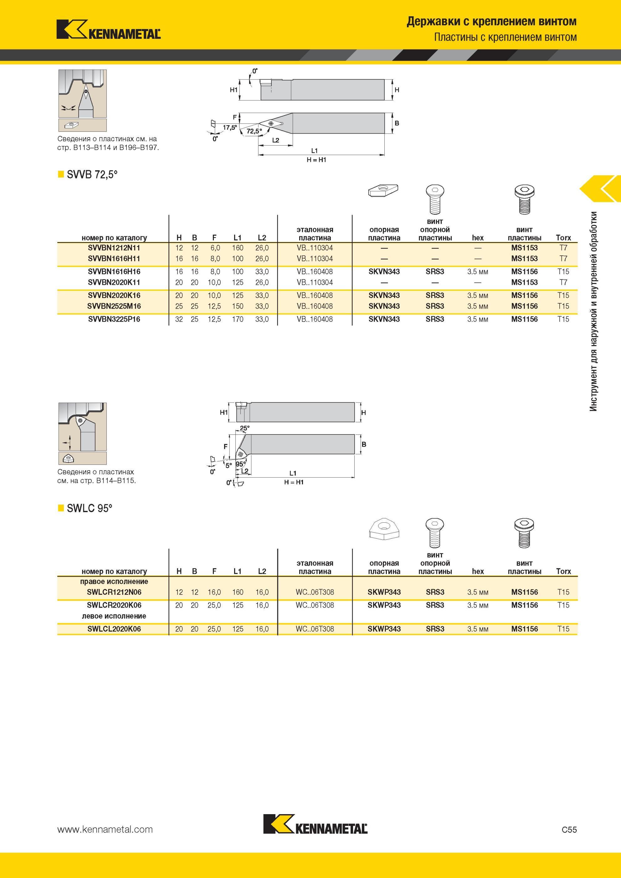 297 SVVB 72,5° Державки Kennametal с креплением винтом номер по каталогу Инструмент для токарной наружной и внутренней обработки H B F L1 L2 эталонная пла Мастер-каталог KENNAMETAL 2013 Металлорежущий инструмент Точение Обработка отверстий Фрезерование Стр. C55