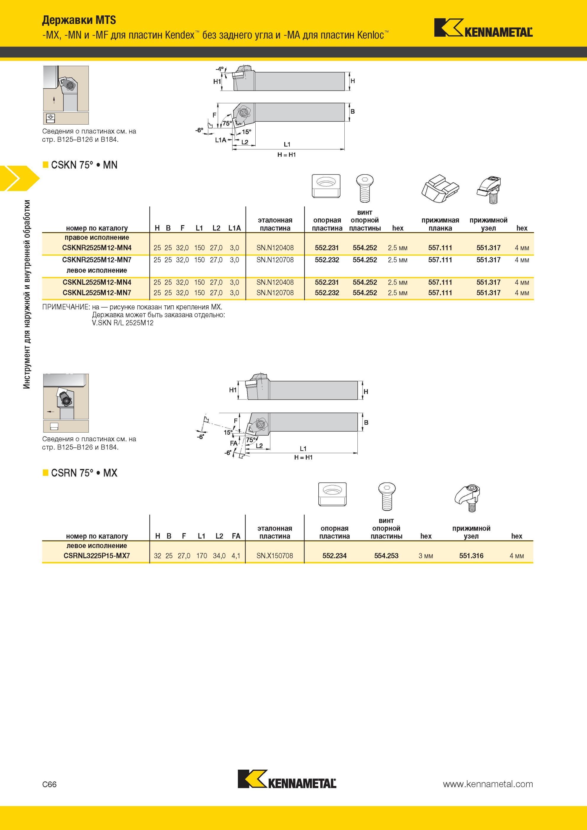308 Державки Kennametal MTS -MX, -MN и -MF для пластин Kendex без заднего угла и -MA для пластин Kenloc Инструмент для наружной и внутренней обработки CSK Мастер-каталог KENNAMETAL 2013 Металлорежущий инструмент Точение Обработка отверстий Фрезерование Стр. C66