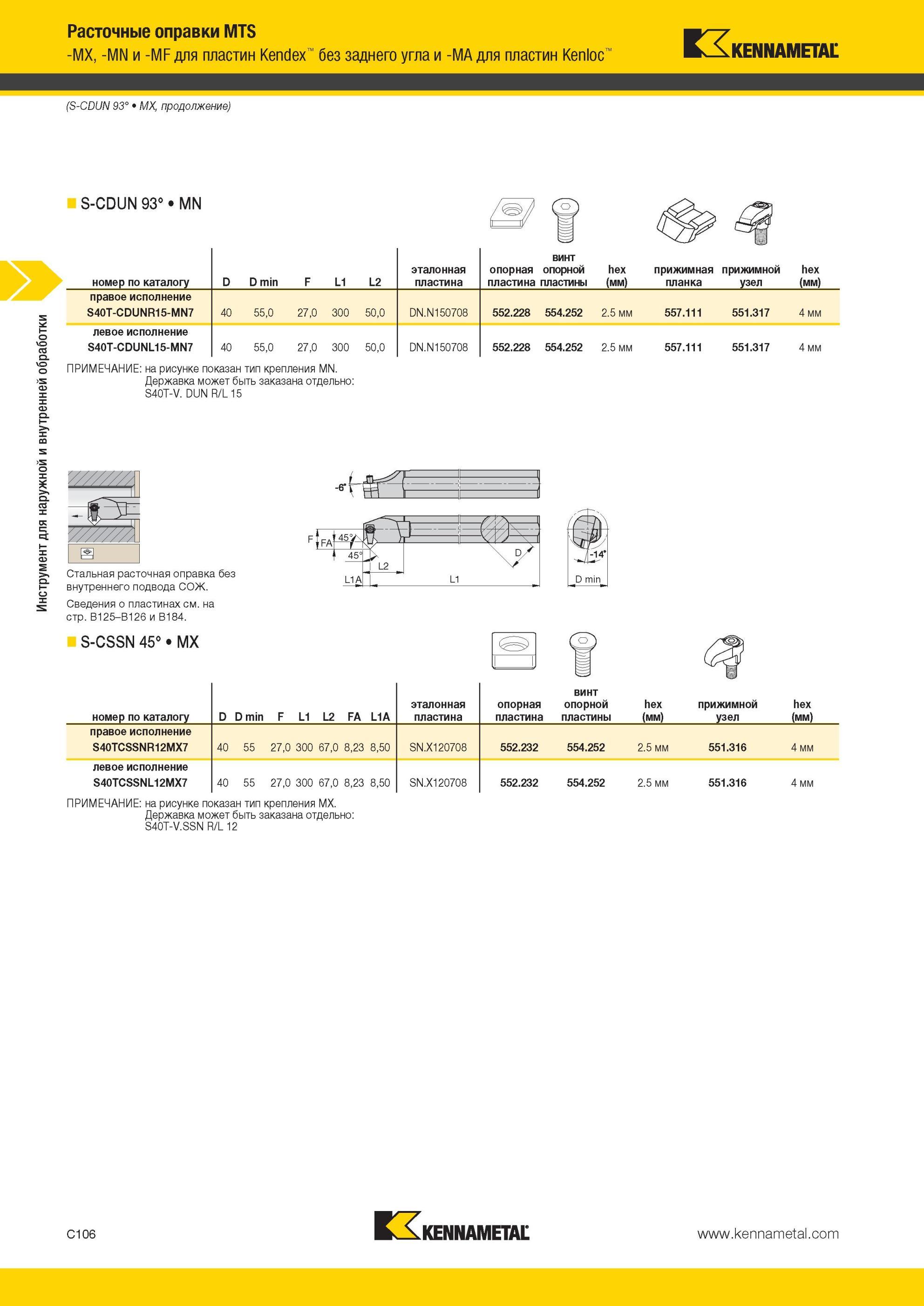 348 Расточные оправки Kennametal MTS -MX, -MN и -MF для пластин Kendex без заднего угла и -MA для пластин Kenloc S-CDUN 93° MX S-CDUN 93° MN Инструмент дл Мастер-каталог KENNAMETAL 2013 Металлорежущий инструмент Точение Обработка отверстий Фрезерование Стр. C106