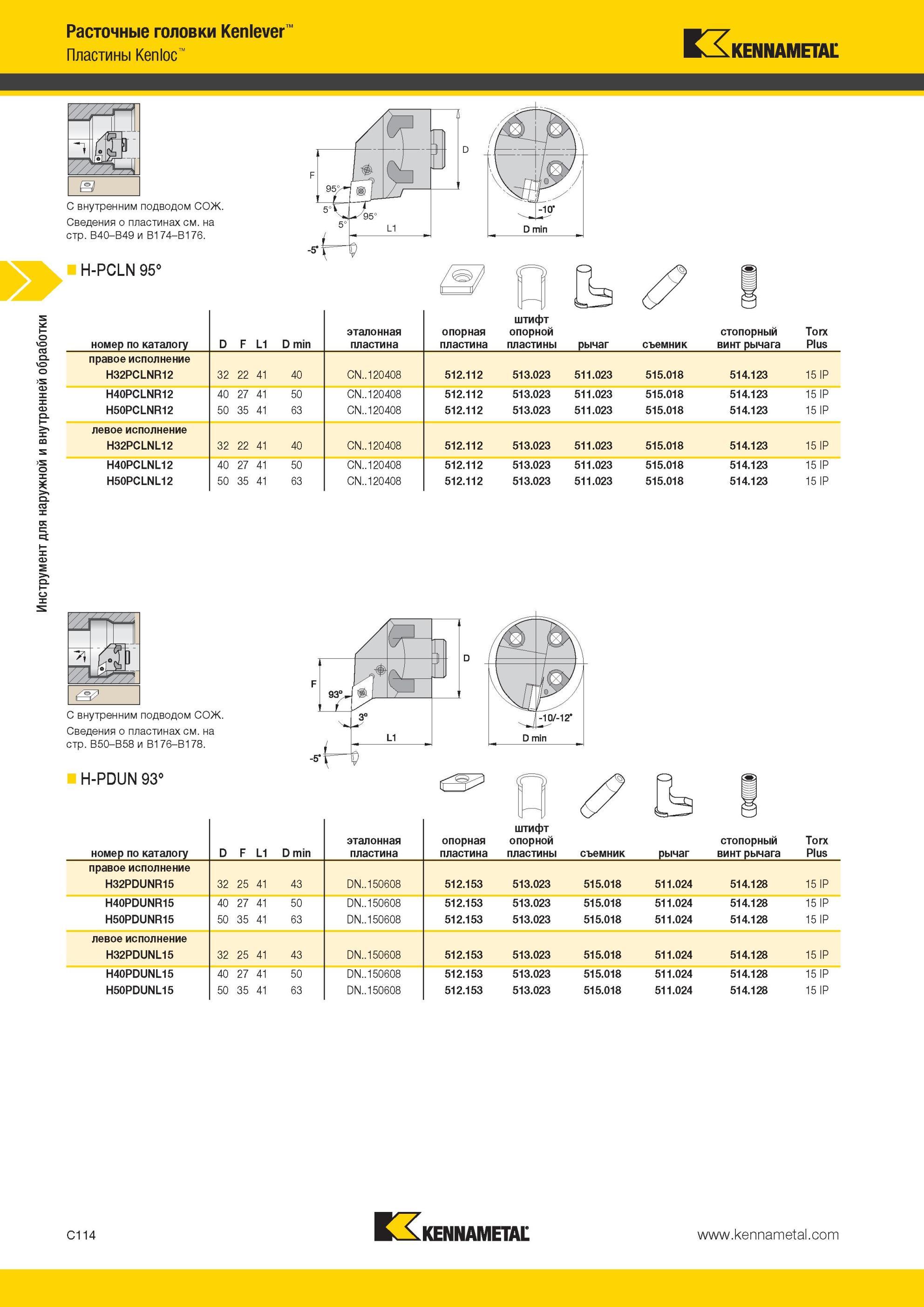 356 Инструмент Kennametal для наружной и внутренней обработки Расточные головки Kenlever с внутренним подводом СОЖ H-PCLN 95° номер по каталогу D F L1 D m Мастер-каталог KENNAMETAL 2013 Металлорежущий инструмент Точение Обработка отверстий Фрезерование Стр. C114