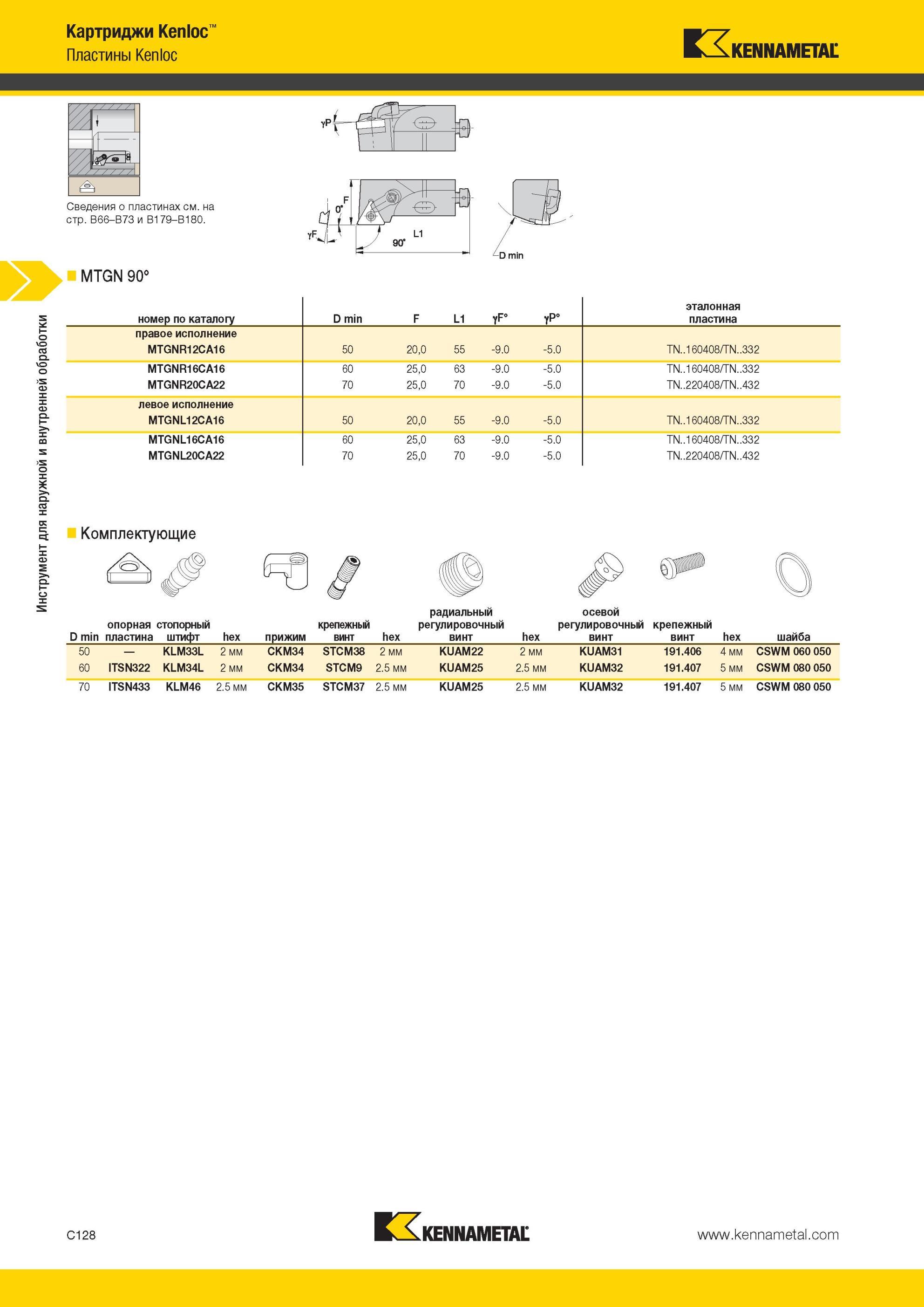 370 MTGN 90° Картриджи Kennametal Kenloc Пластины номер по каталогу D min F L1 Инструмент для наружной и внутренней обработки эталонная пластина правое ис Мастер-каталог KENNAMETAL 2013 Металлорежущий инструмент Точение Обработка отверстий Фрезерование Стр. C128