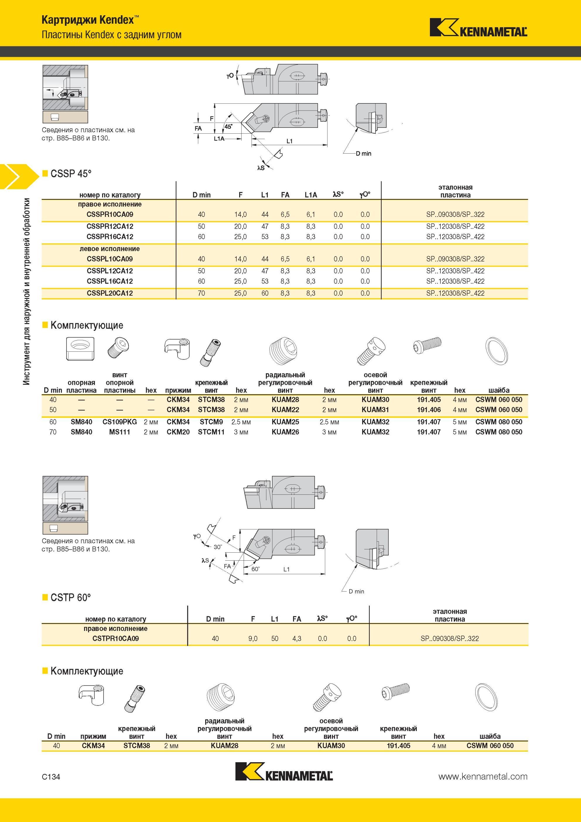 376 Картриджи Kennametal Kendex Пластины с задним углом CSSP 45° 70 1 номер по каталогу D min F L1 FA L1A Инструмент для наружной и внутренней обработки э Мастер-каталог KENNAMETAL 2013 Металлорежущий инструмент Точение Обработка отверстий Фрезерование Стр. C134