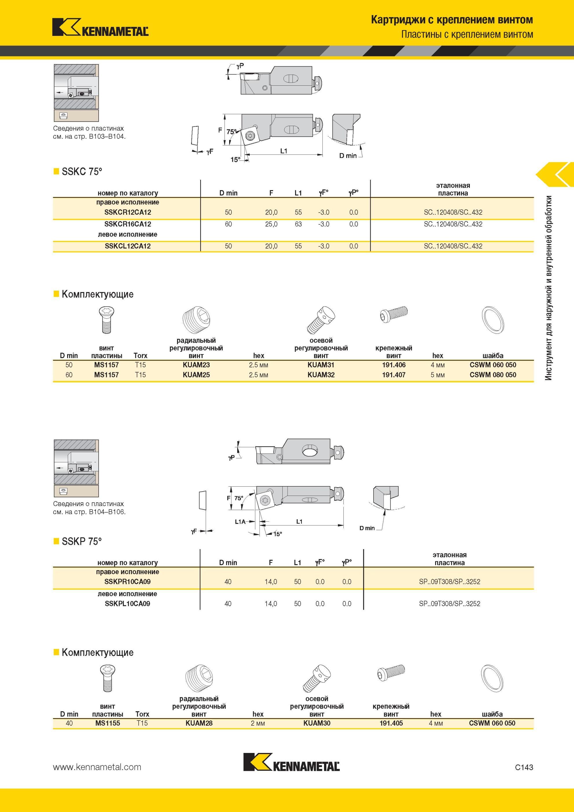 385 SSKC 75° Картриджи Kennametal с креплением винтом Пластины с креплением винтом P D min номер по каталогу D min F L1 эталонная пластина правое исполнен Мастер-каталог KENNAMETAL 2013 Металлорежущий инструмент Точение Обработка отверстий Фрезерование Стр. C143
