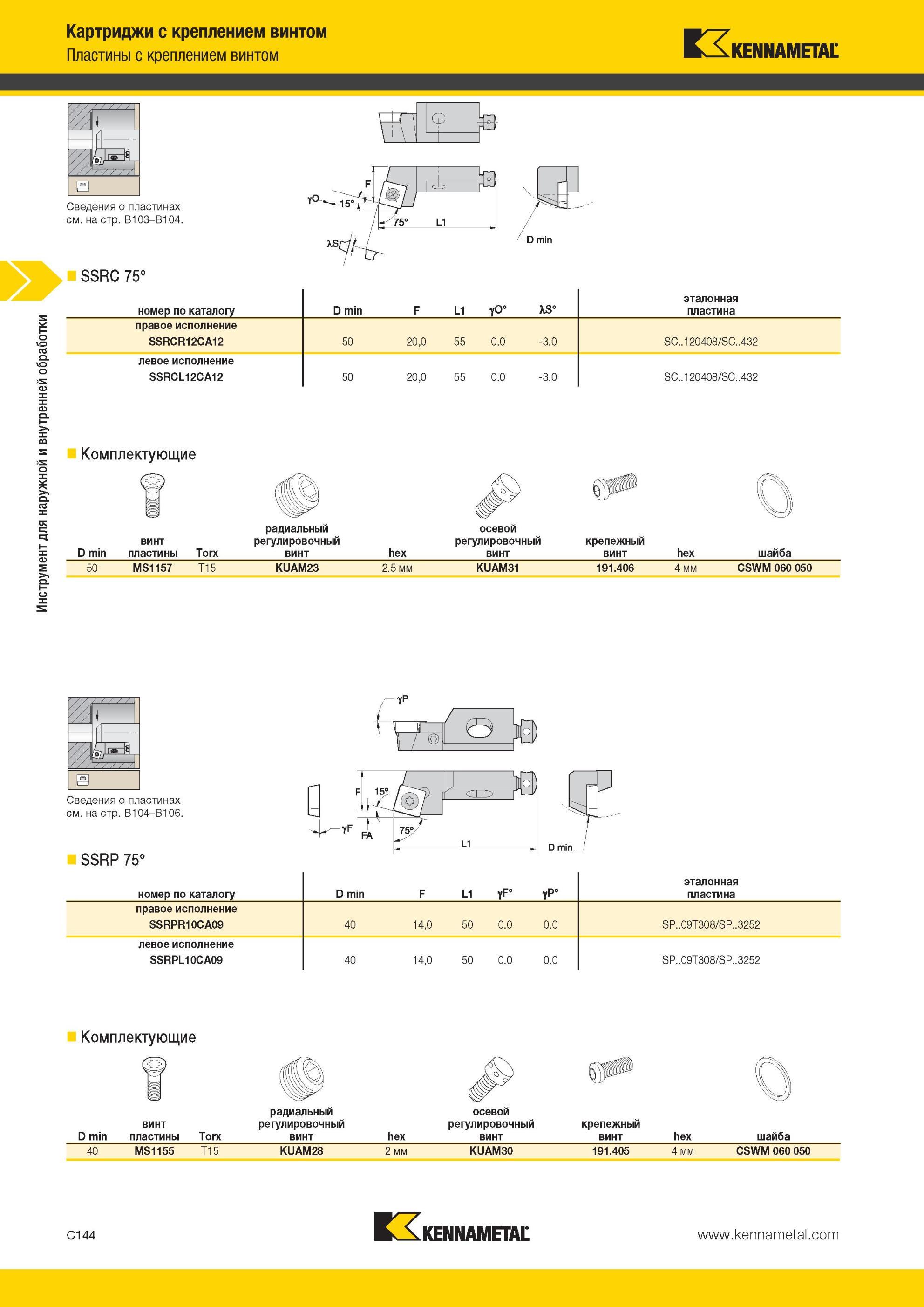 386 SSRC 75° Картриджи Kennametal с креплением винтом Пластины с креплением винтом номер по каталогу D min F L1 эталонная пластина правое исполнение Инстр Мастер-каталог KENNAMETAL 2013 Металлорежущий инструмент Точение Обработка отверстий Фрезерование Стр. C144