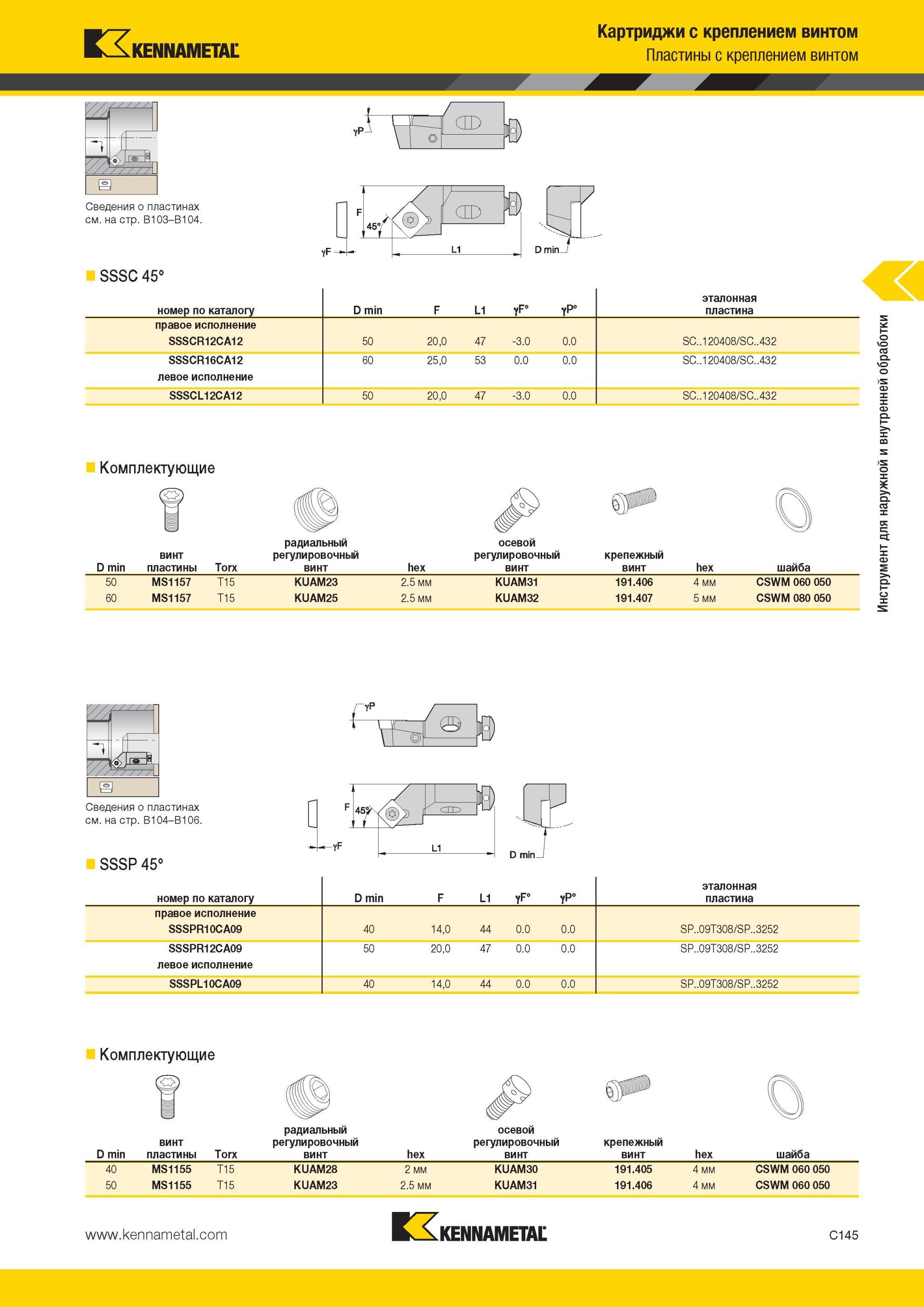 387 SSSC 45° Картриджи Kennametal с креплением винтом Пластины D min номер по каталогу D min F L1 эталонная пластина правое исполнение SSSCR12CA12 50 20,0 Мастер-каталог KENNAMETAL 2013 Металлорежущий инструмент Точение Обработка отверстий Фрезерование Стр. C145