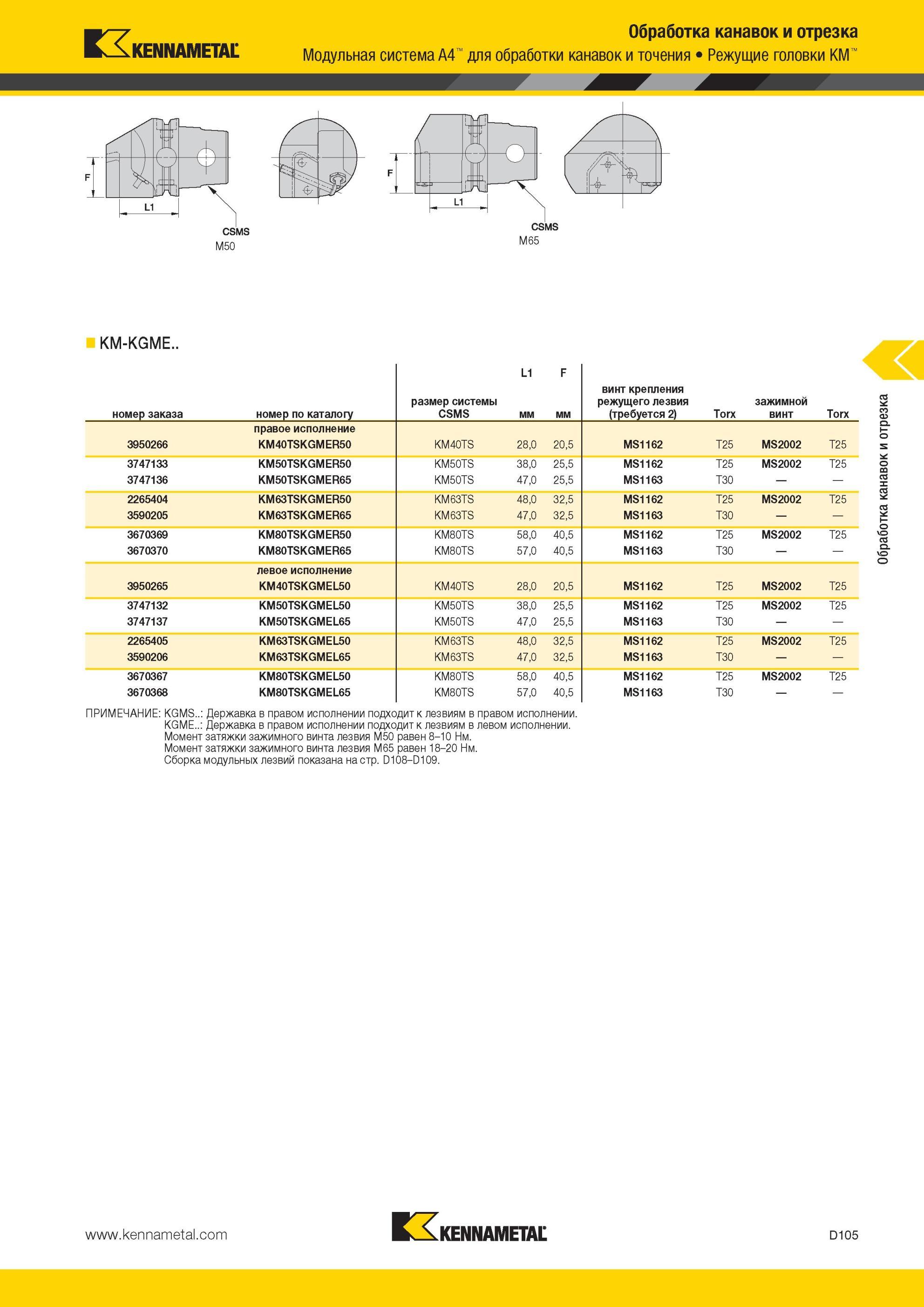 495 Режущие головки Kennametal KM M50 M65 KM-KGME L1 F номер заказа номер по каталогу размер системы CSMS мм винт крепления режущего лезвия (требуется 2) Мастер-каталог KENNAMETAL 2013 Металлорежущий инструмент Точение Обработка отверстий Фрезерование Стр. D105