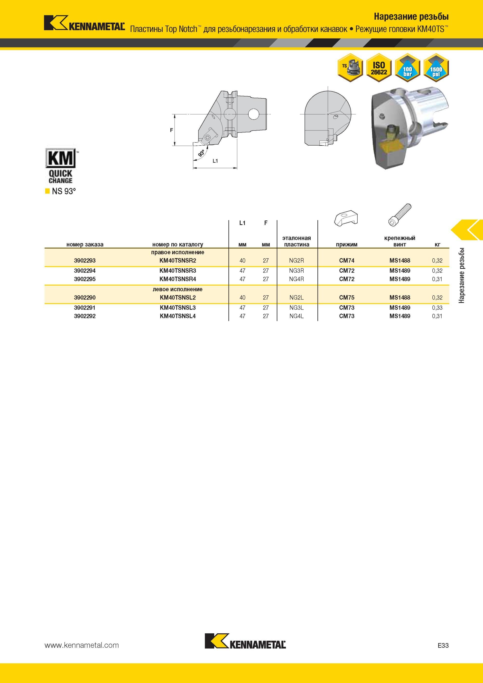 569 Режущие головки Kennametal KM40TS KMI QUICK CHANGE NS 93° L1 F Нарезание резьбы Пластины Top Notch для резьбонарезания и обработки канавок эталонная к Мастер-каталог KENNAMETAL 2013 Металлорежущий инструмент Точение Обработка отверстий Фрезерование Стр. E33