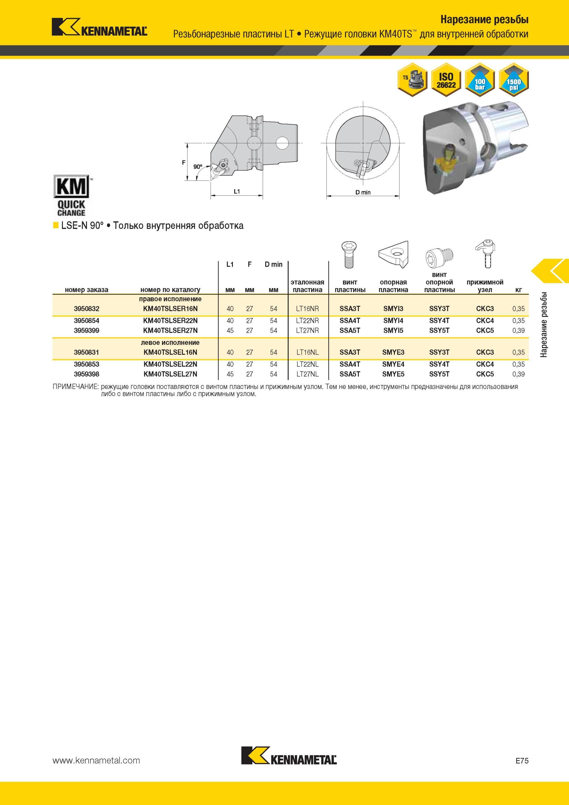 611 Режущие головки Kennametal KM40TS для внутренней обработки KMI QUICK CHANGE LSE-N 90° Только внутренняя обработка номер заказа номер по каталогу L1 мм Мастер-каталог KENNAMETAL 2013 Металлорежущий инструмент Точение Обработка отверстий Фрезерование Стр. E75