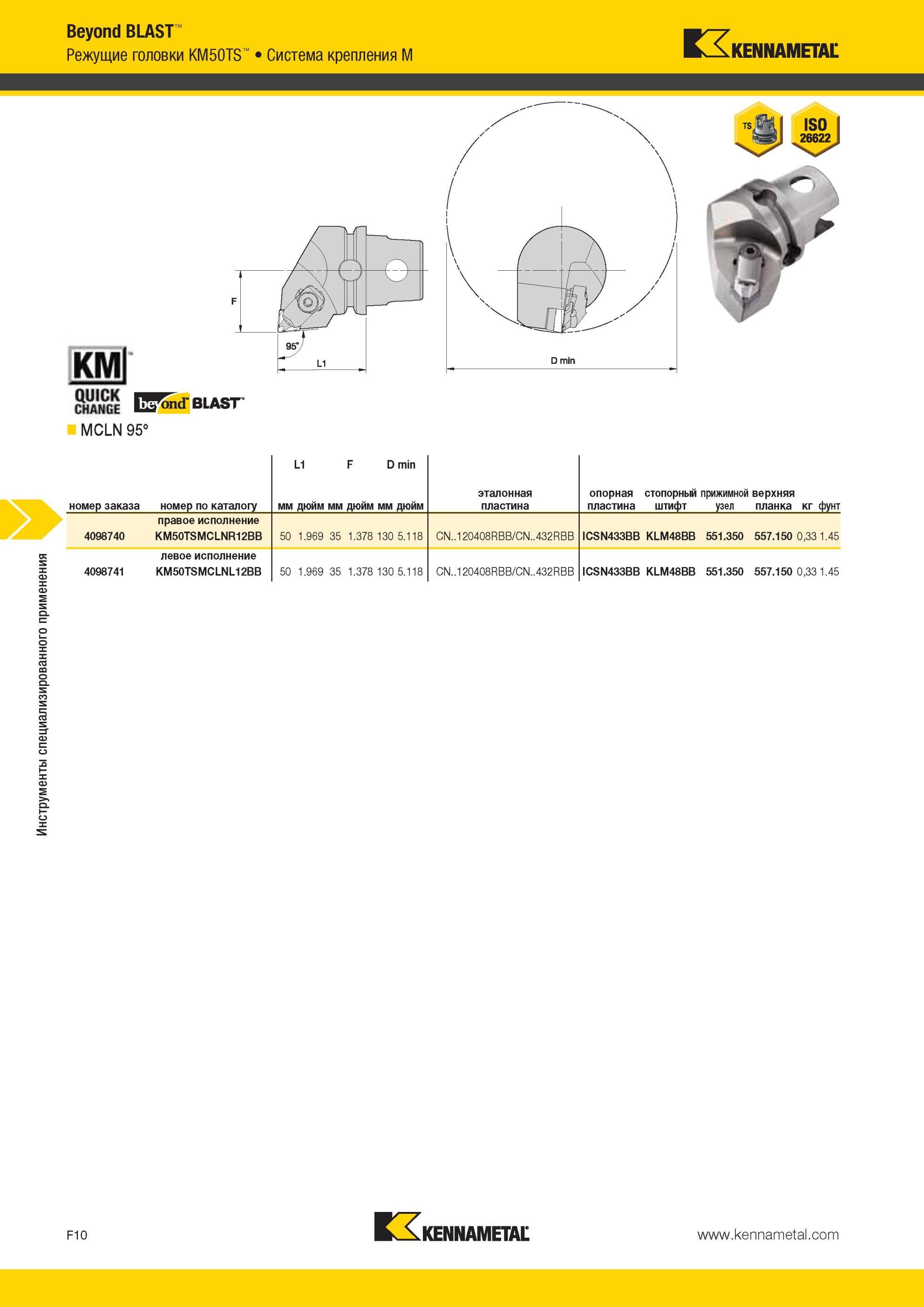 650 Инструменты специализированного применения Kennametal Beyond BLAST Режущие головки KM50TS Система крепления M км РЕ BLAST' CHANGE MCLN 95 номер заказа Мастер-каталог KENNAMETAL 2013 Металлорежущий инструмент Точение Обработка отверстий Фрезерование Стр. F10
