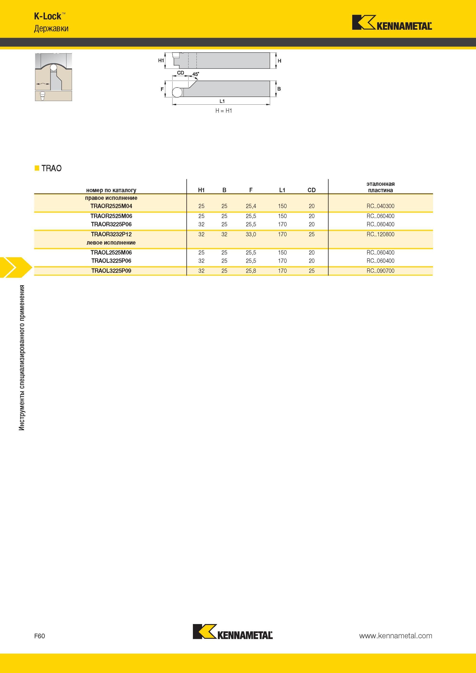 700 Инструменты специализированного применения K-Lock Державки Kennametal CD J45 L1 H = H1 TRAO номер по каталогу H1 B F L1 CD эталонная пластина правое и Мастер-каталог KENNAMETAL 2013 Металлорежущий инструмент Точение Обработка отверстий Фрезерование Стр. F60