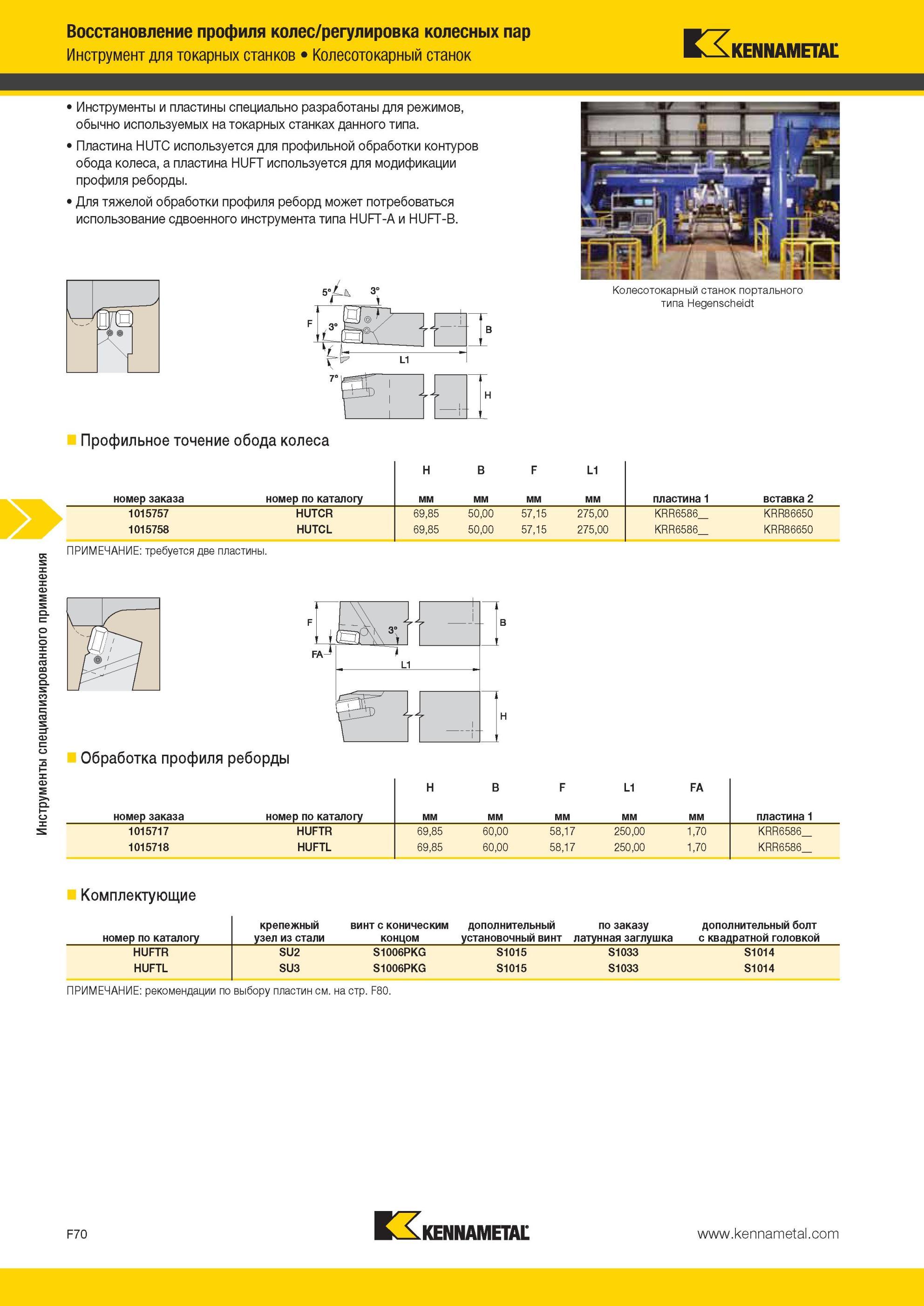 710 Инструменты и пластины Kennametal специально разработаны для режимов, обычно используемых на токарных станках данного типа Пластина HUTC используется Мастер-каталог KENNAMETAL 2013 Металлорежущий инструмент Точение Обработка отверстий Фрезерование Стр. F70