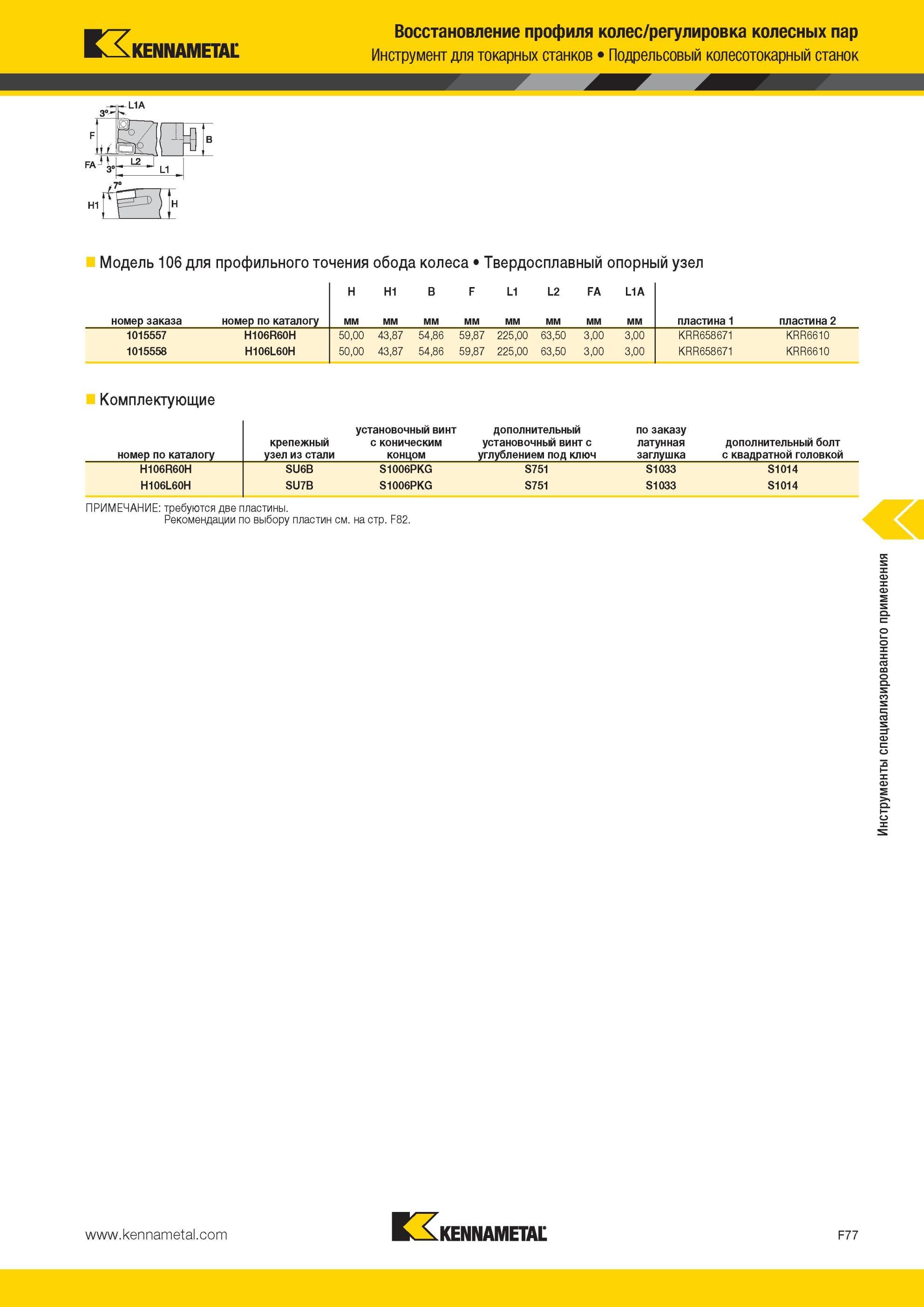 717 Инструмент Kennametal для токарных станков Подрельсовый колесотокарный станок Модель 106 для профильного точения обода колеса Восстановление профиля к Мастер-каталог KENNAMETAL 2013 Металлорежущий инструмент Точение Обработка отверстий Фрезерование Стр. F77