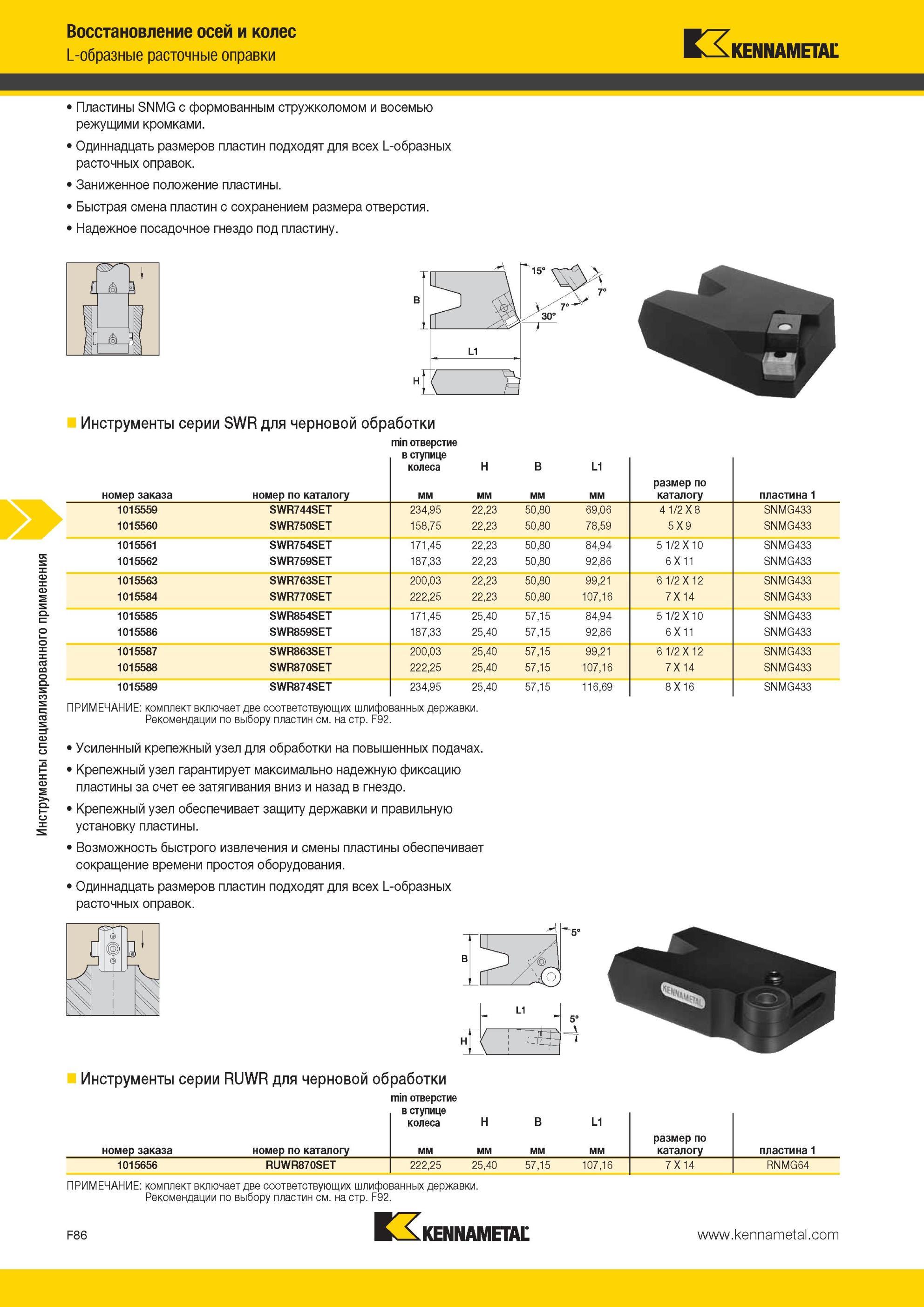 726 L-образные расточные оправки Kennametal Пластины SNMG с формованным стружколомом и восемью режущими кромками Одиннадцать размеров пластин подходят для Мастер-каталог KENNAMETAL 2013 Металлорежущий инструмент Точение Обработка отверстий Фрезерование Стр. F86