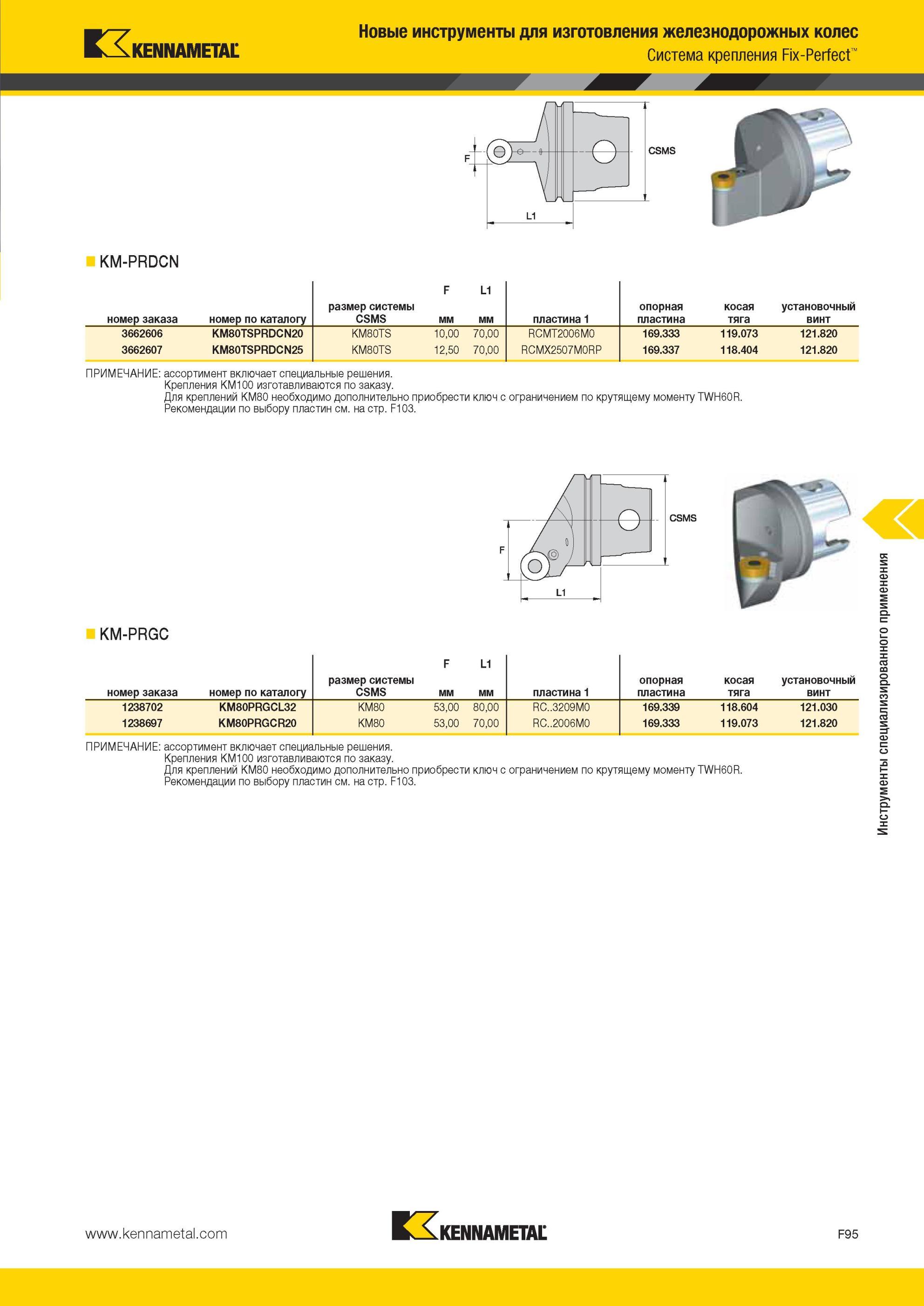 735 инструменты Kennametal для изготовления железнодорожных колес система крепления Fix-Perfect KM-PRDCN F L1 номер заказа номер по каталогу размер систем Мастер-каталог KENNAMETAL 2013 Металлорежущий инструмент Точение Обработка отверстий Фрезерование Стр. F95